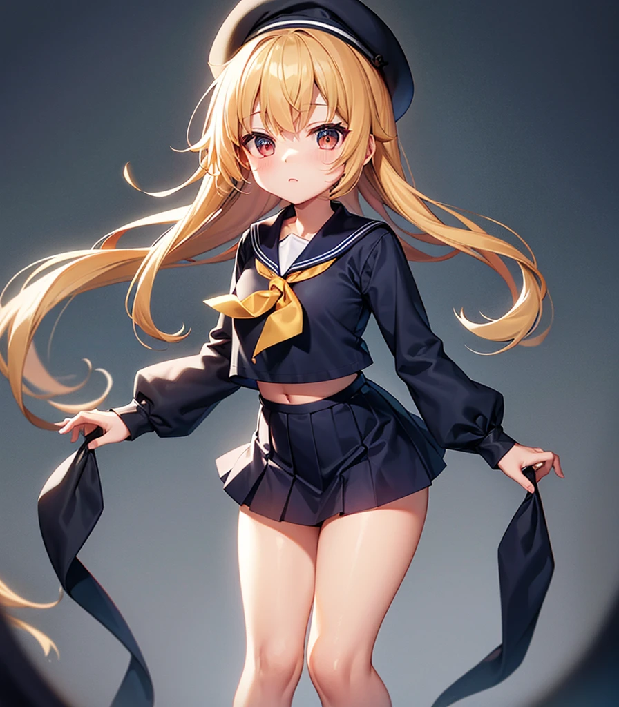 (Sailor suit),(((Navy Mini Skirt))),beret,,Cute little ,Tiny ,Small girl,,Childish face, Very fine clean face,Top quality, Big eyes,Straight Hair,Yellow hair,Crimson Eye,(Dark Room), Subtle light, Natural light,Soft lighting,Light from directly behind, (Are standing), Cute pose, (Open your hands), Showing the whole body,Front view,Black background