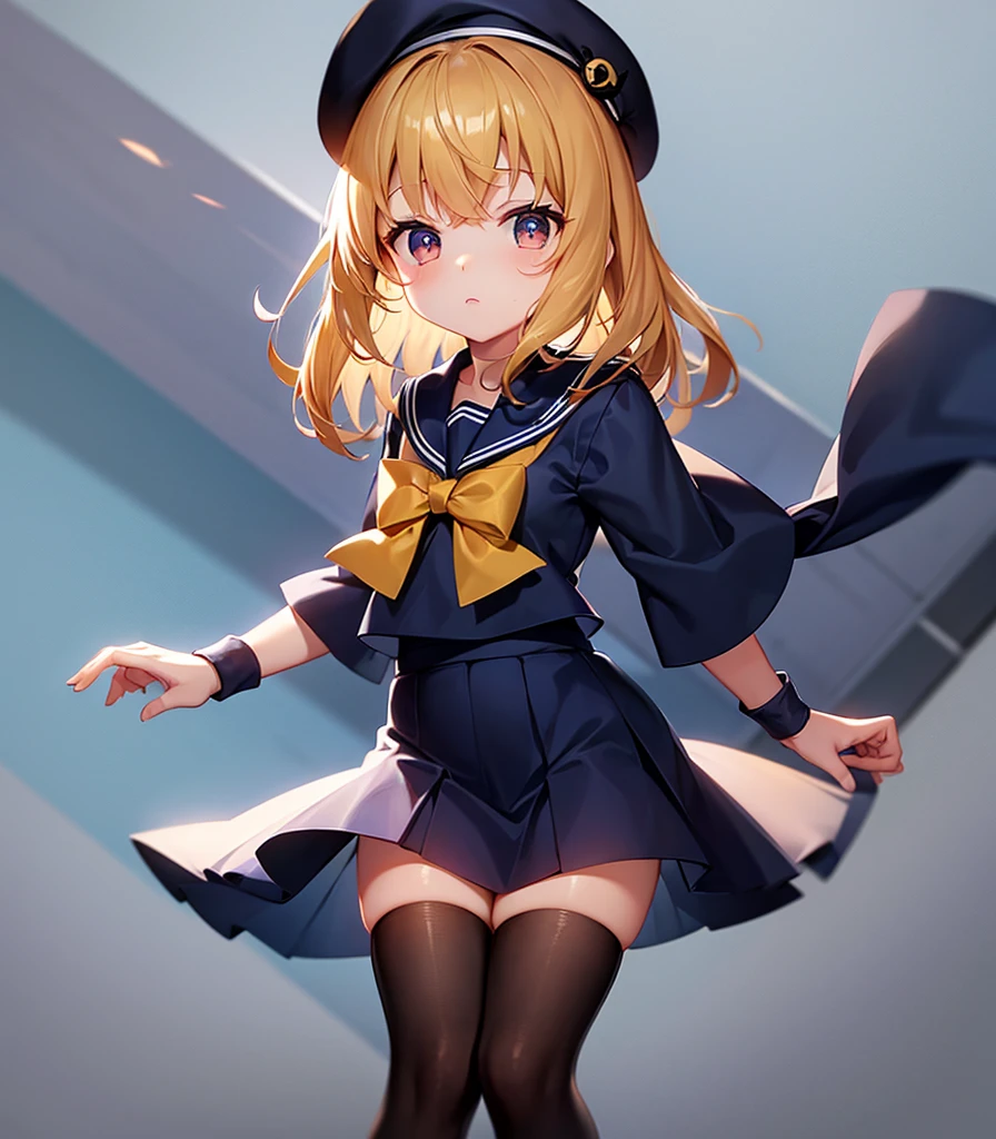 (Sailor suit),(((Navy Mini Skirt))),beret,,Cute little ,Tiny ,Small girl,,Childish face, Very fine clean face,Top quality, Big eyes,Straight Hair,Yellow hair,Crimson Eye,(Dark Room), Subtle light, Natural light,Soft lighting,Light from directly behind, (Are standing), Cute pose, (Open your hands), Showing the whole body,Front view,Black background