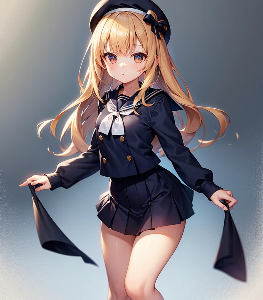 (Sailor suit),(((Navy Mini Skirt))),beret,,Cute little ,Tiny ,Small girl,,Childish face, Very fine clean face,Top quality, Big eyes,Straight Hair,Yellow hair,Crimson Eye,(Dark Room), Subtle light, Natural light,Soft lighting,Light from directly behind, (Are standing), Cute pose, (Open your hands), Showing the whole body,Front view,Black background