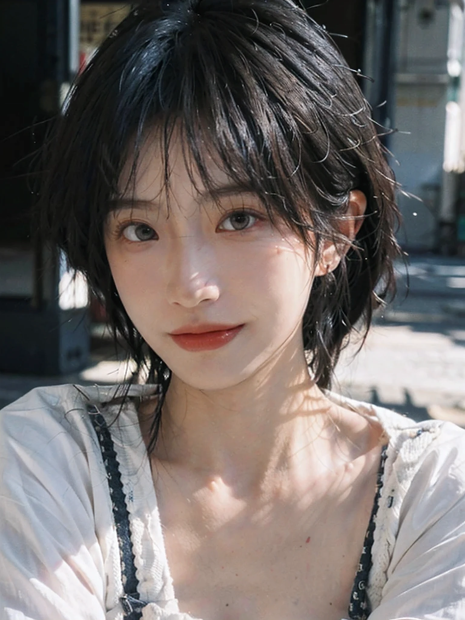 (Skin details:1.4), (smooth skin textures:1.3), (Upper body:1.4),(Upper Body:1.3)Lipstick, background, earrings, serene, calm, Suspenders,(Realistic and detailed eyes:1.2), Natural skin texture, Realistic facial details, Soft dramatic lighting, Vivid details, 35 mm film, outdoor, (Photo Practical:1.4), (hyper Practical:1.4), (Practical:1.3), (Smoother lighting:1.05), (Improve lighting quality:0.9), (Highest quality real skin textures:1.4), Exquisite eyes, Delicate face, Close-up of face, (Enhance the beauty of skin texture:1.1), Hair details,(Large Breasts:1.3)normal body ratio, short hair, Moles under the eyes, A faint smile,Portrait Photography, Depth of Field, Bokeh, Surrealism, Ray Tracing, (Portrait Photography:1.1), Surrealism, High Detail, Chiaroscuro, Ray Tracing, reflected light, Ultra HD, Ultra HD, masterpiece, Textured Skin, Super Detail, High Detail, high quality, best quality