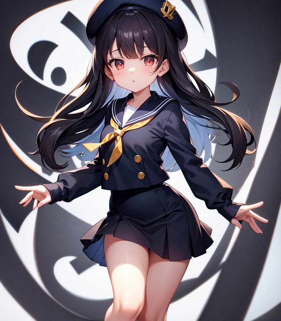 (Sailor suit),(((Navy Mini Skirt))),beret,,Cute little ,Tiny ,Small girl,,Childish face, Very fine clean face,Top quality, Big eyes,Straight Hair,Yellow hair,Crimson Eye,(Dark Room), Subtle light, Natural light,Soft lighting,Light from directly behind, (Are standing), Cute pose, (Open your hands), Showing the whole body,Front view,Black background