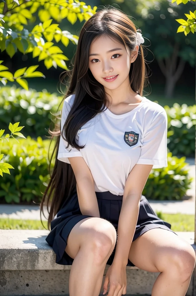 Pure Japanese school girl, sweet temptation, outstanding body, beautiful legs, wearing uniform, panty, natural hairstyles, sweet smile, sitting, refreshing in early summer, composition from the front, 