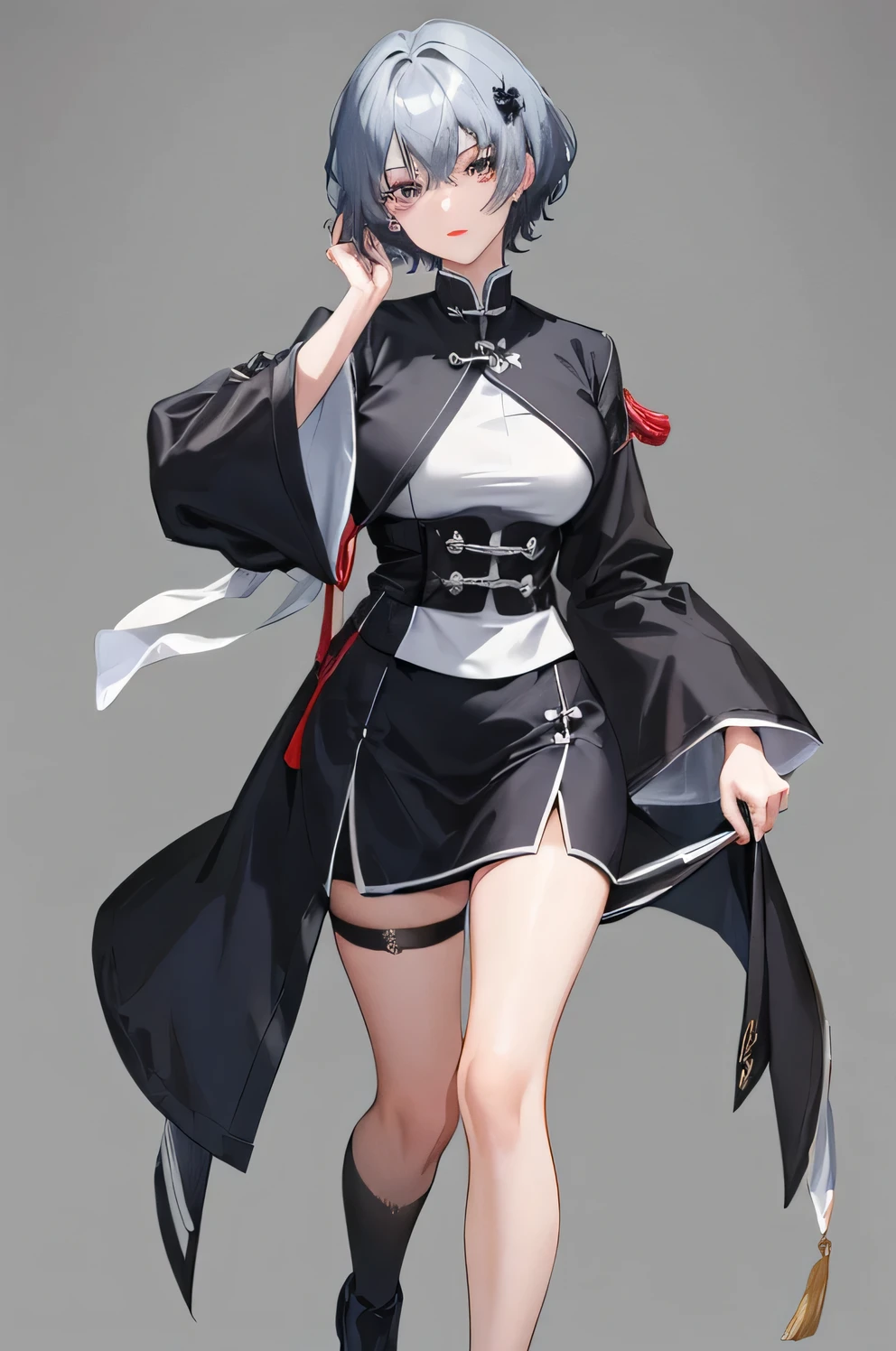 Masterpiece, Best quality, 1 Female, Mature Woman, Elder Sister, young girl, Royal Sister, the expression is cold, strong, gray eyes, wolfcut short hair, smoky mix navy blue color hair, resolute eyes, simple black and white Taoist Taoist uniform, long black eardrop, Chinese mix morden, frontal photo, blank background, remove background, wolfcut hairstyle, anime, illustration, red lips, full body