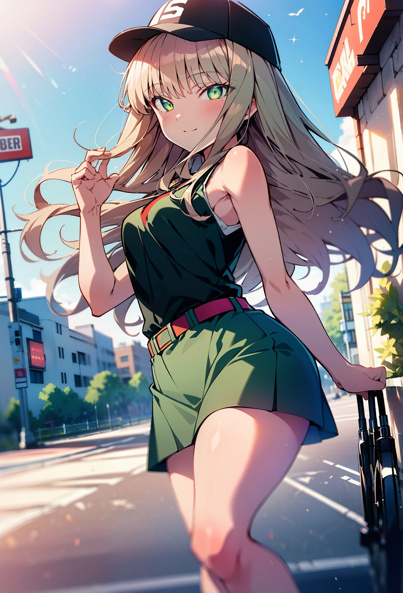 minami yume ,sss Dynazenon ,Long Hair, Brown Hair, (Green Eyes:1.5) ,blush,smile,hair band,Sleeveless shirt,Baseball cap,Long skirt,sneakers,Daytime,Clear skies,Walking,whole bodyがイラストに入るように, break looking at viewer, whole body, break outdoors ,Building district, break (masterpiece:1.2), Highest quality, High resolution, unity 8k wallpaper, (shape:0.8), (Beautiful and beautiful eyes:1.6), Highly detailed face, Perfect lighting, Extremely detailed CG, (Perfect hands, Perfect Anatomy),