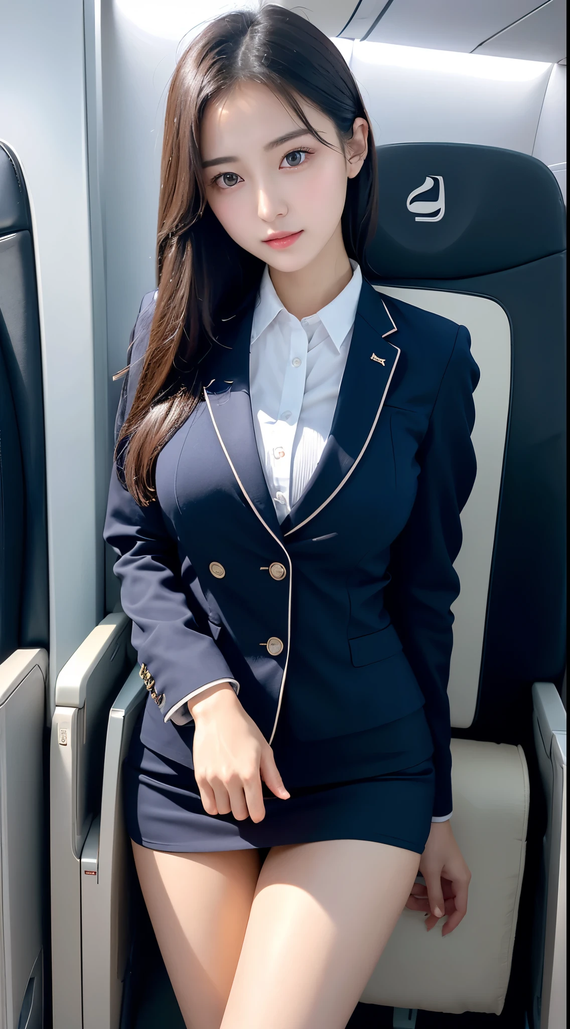 top quality, masterpiece, 8K, Super high resolution, (realistic:1.4), 1 girl、beautiful face、symmetrical eyes、giant 、perfect body proportions、stewardess uniform、clean legs、look at the viewers、(inside the airplane:1.2)、Looking straight ahead、shoulder、absolute area(1.3)、