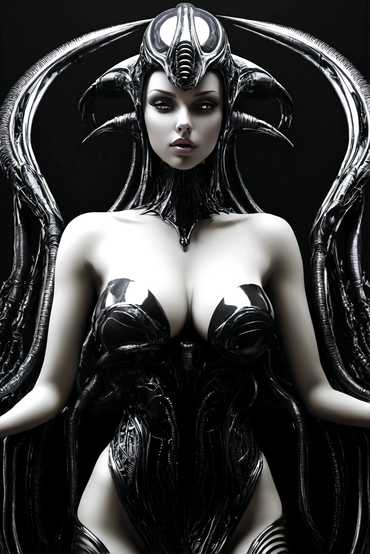 Create an image of Stunningly gorgeous beautiful perfect hr giger sexy seductive dlhr giger girl, Stunningly gorgeous perfect flawless sexy face, hyper detailed neon ruby, large firm breasts, full body view, nude, no color black and gray only,
