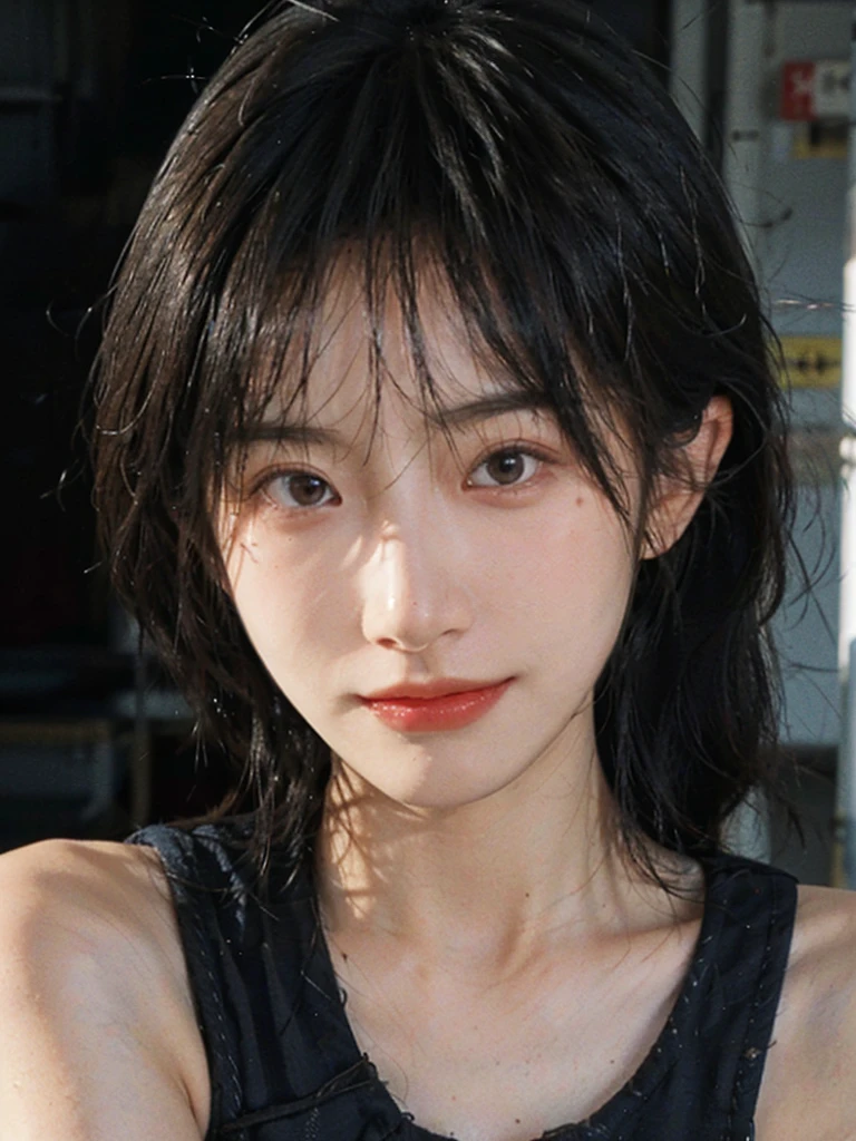 (Skin details:1.4), (smooth skin textures:1.3), (Upper body:1.4),(Upper Body:1.3)Lipstick, background, earrings, serene, calm, Suspenders,(Realistic and detailed eyes:1.2), Natural skin texture, Realistic facial details, Soft dramatic lighting, Vivid details, 35 mm film, outdoor, (Photo Practical:1.4), (hyper Practical:1.4), (Practical:1.3), (Smoother lighting:1.05), (Improve lighting quality:0.9), (Highest quality real skin textures:1.4), Exquisite eyes, Delicate face, Close-up of face, (Enhance the beauty of skin texture:1.1), Hair details,(Large Breasts:1.3)normal body ratio, short hair, Moles under the eyes, A faint smile,Portrait Photography, Depth of Field, Bokeh, Surrealism, Ray Tracing, (Portrait Photography:1.1), Surrealism, High Detail, Chiaroscuro, Ray Tracing, reflected light, Ultra HD, Ultra HD, masterpiece, Textured Skin, Super Detail, High Detail, high quality, best quality
