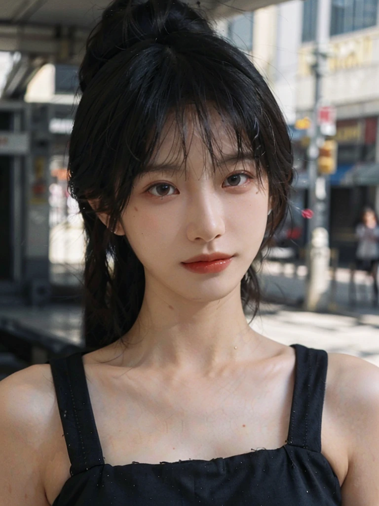 (Skin details:1.4), (smooth skin textures:1.3), （Upper body：1.4），（Upper Body：1.3）Lipstick, background, earrings, serene, calm, Suspenders，(Realistic and detailed eyes：1.2）, Natural skin texture, Realistic facial details, Soft dramatic lighting, Vivid details, 35 mm film, outdoor, (Photo Practical:1.4), (hyper Practical:1.4), (Practical:1.3), (Smoother lighting:1.05), (Improve lighting quality:0.9), (Highest quality real skin textures:1.4), Exquisite eyes, Delicate face, Close-up of face, (Enhance the beauty of skin texture:1.1), Hair details,（Large Breasts：1.3）normal body ratio, short hair, Moles under the eyes, A faint smile,Portrait Photography, Depth of Field, Bokeh, Surrealism, Ray Tracing, (Portrait Photography:1.1), Surrealism, High Detail, Chiaroscuro, Ray Tracing, reflected light, Ultra HD, Ultra HD, masterpiece, Textured Skin, Super Detail, High Detail, high quality, best quality