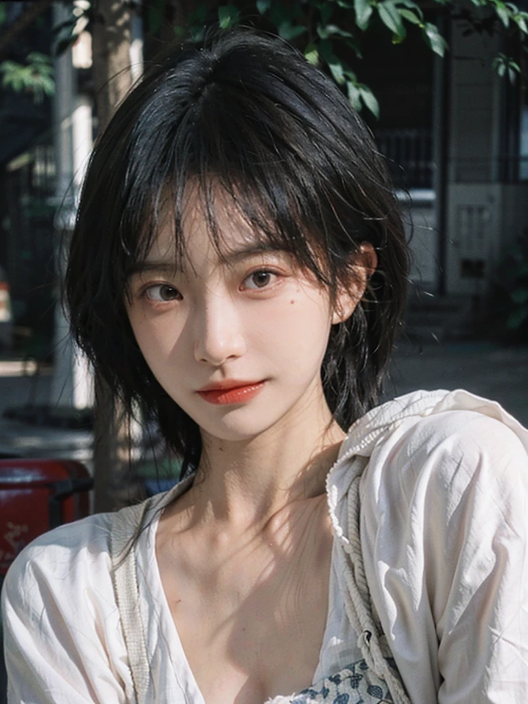 (Skin details:1.4), (smooth skin textures:1.3), (Upper body:1.4),(Upper Body:1.3)Lipstick, background, earrings, serene, calm, Suspenders,(Realistic and detailed eyes:1.2), Natural skin texture, Realistic facial details, Soft dramatic lighting, Vivid details, 35 mm film, outdoor, (Photo Practical:1.4), (hyper Practical:1.4), (Practical:1.3), (Smoother lighting:1.05), (Improve lighting quality:0.9), (Highest quality real skin textures:1.4), Exquisite eyes, Delicate face, Close-up of face, (Enhance the beauty of skin texture:1.1), Hair details,(Large Breasts:1.3)normal body ratio, short hair, Moles under the eyes, A faint smile,Portrait Photography, Depth of Field, Bokeh, Surrealism, Ray Tracing, (Portrait Photography:1.1), Surrealism, High Detail, Chiaroscuro, Ray Tracing, reflected light, Ultra HD, Ultra HD, masterpiece, Textured Skin, Super Detail, High Detail, high quality, best quality
