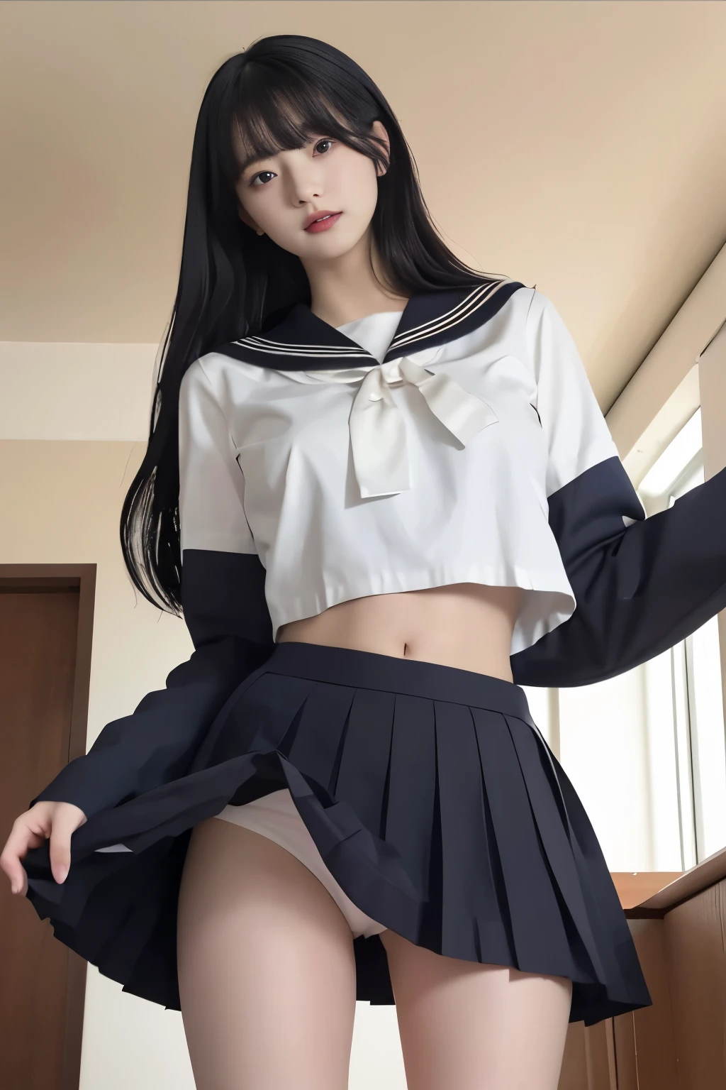 Masterpiece、Highest quality、Woman 1、Super detailed、nsfw、View from directly below the woman、Long legs Black Hair skirt、skirt lift、skirtを自分でリフト、White panties、Pussy Soft thighs、Large Breasts、Beautiful Belly、【under boob】sailor uniform、Underboob ceiling
