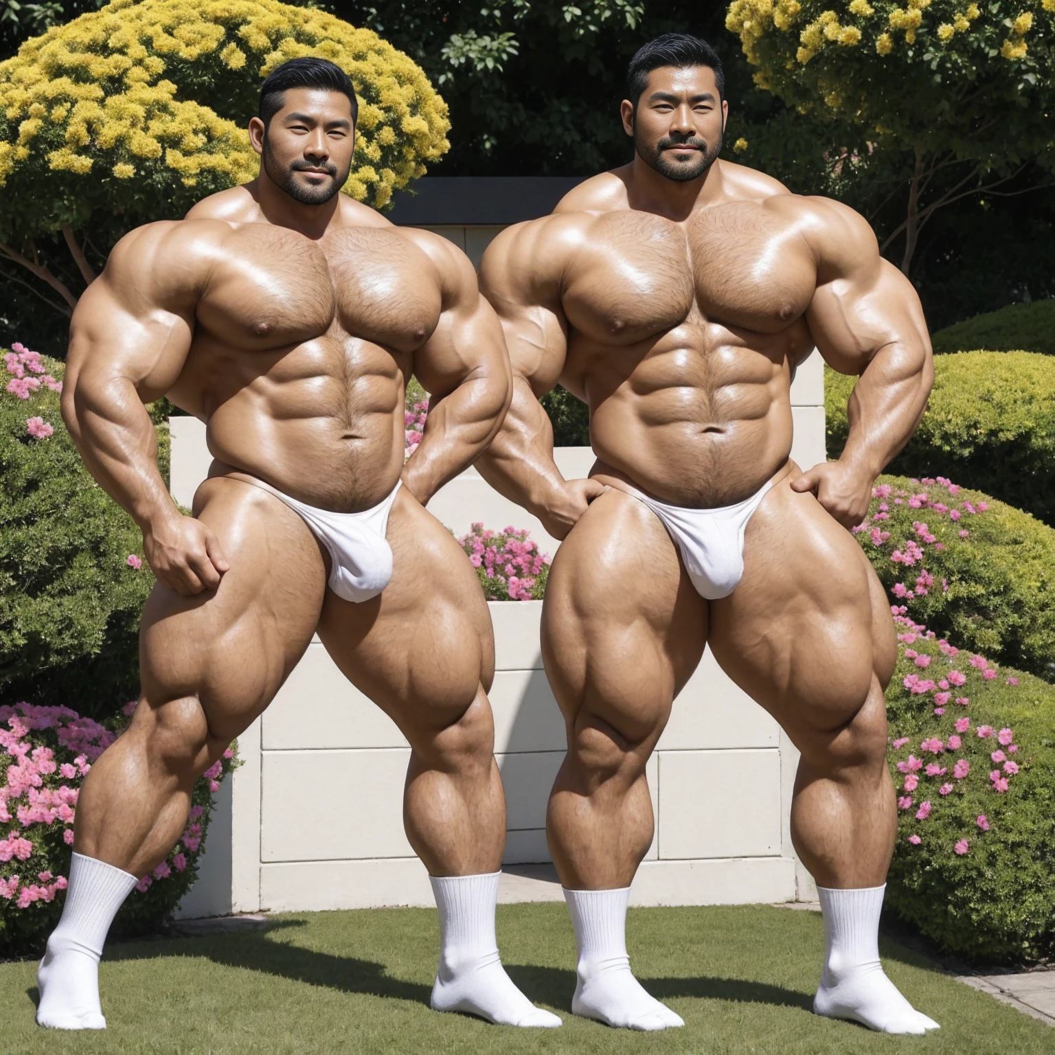 There is only one handsome Asian actor in the photo,35 years old,High target, Fitness,short hair, O-Shaped Beard,Perfect body, Dark skin color,Radiant Skin,Smooth skin,Shiny, shiny skin,Smooth pectoral muscles,No chest hair,No body hair,Muscle bulge, muscular, Very large pectoral muscles,Very sexy abdominal muscles,Very well-developed leg muscles,Huge concave and convex area,Brightens oily skin,Wearing a gold leather shiny thong,Handsome face, Correct and accurate male body proportions, Wear white socks,Put your hands behind your back,Standing in Wonderland,Flowers bloom all around。