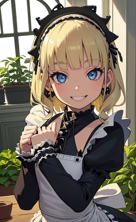 (masterpiece:1.5、Photorealistic:1.4,High Saturation:1.4、high resolution:1.4)、,(spot light:1.2、Exquisite beautiful eye:1.5,)、()、
(kind eyes、tareme:1.4),()、(Cute Face)、(blonde hair:1.5)、(middle hair:1.5),(sidelock :1.6),(blunt bangs:1.3),(1 girl)、(blue eyes:1.2)、(upper body:1.5)、(smile:1.5),(teeth)、(take a bow:1.5)、() ,(),(small breasts),(),(gothic ta maid:1.5),(A room full of plants:1.5)、()、()、Slim Body(),Shiny Hair、girl、