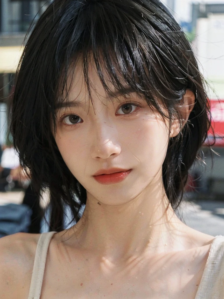 (Skin details:1.4), (smooth skin textures:1.3), (Upper body:1.4),(Upper Body:1.3)Lipstick, background, earrings, serene, calm, Suspenders,(Realistic and detailed eyes:1.2), Natural skin texture, Realistic facial details, Soft dramatic lighting, Vivid details, 35 mm film, outdoor, (Photo Practical:1.4), (hyper Practical:1.4), (Practical:1.3), (Smoother lighting:1.05), (Improve lighting quality:0.9), (Highest quality real skin textures:1.4), Exquisite eyes, Delicate face, Close-up of face, (Enhance the beauty of skin texture:1.1), Hair details,(Large Breasts:1.3)normal body ratio, short hair, Moles under the eyes, A faint smile,Portrait Photography, Depth of Field, Bokeh, Surrealism, Ray Tracing, (Portrait Photography:1.1), Surrealism, High Detail, Chiaroscuro, Ray Tracing, reflected light, Ultra HD, Ultra HD, masterpiece, Textured Skin, Super Detail, High Detail, high quality, best quality