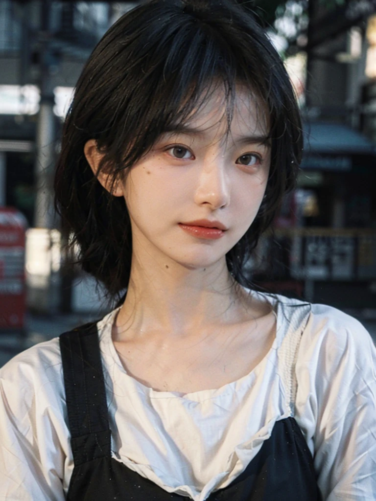 (Skin details:1.4), (smooth skin textures:1.3), (Upper body:1.4),(Upper Body:1.3)Lipstick, background, earrings, serene, calm, Suspenders,(Realistic and detailed eyes:1.2), Natural skin texture, Realistic facial details, Soft dramatic lighting, Vivid details, 35 mm film, outdoor, (Photo Practical:1.4), (hyper Practical:1.4), (Practical:1.3), (Smoother lighting:1.05), (Improve lighting quality:0.9), (Highest quality real skin textures:1.4), Exquisite eyes, Delicate face, Close-up of face, (Enhance the beauty of skin texture:1.1), Hair details,(Large Breasts:1.3)normal body ratio, short hair, Moles under the eyes, A faint smile,Portrait Photography, Depth of Field, Bokeh, Surrealism, Ray Tracing, (Portrait Photography:1.1), Surrealism, High Detail, Chiaroscuro, Ray Tracing, reflected light, Ultra HD, Ultra HD, masterpiece, Textured Skin, Super Detail, High Detail, high quality, best quality