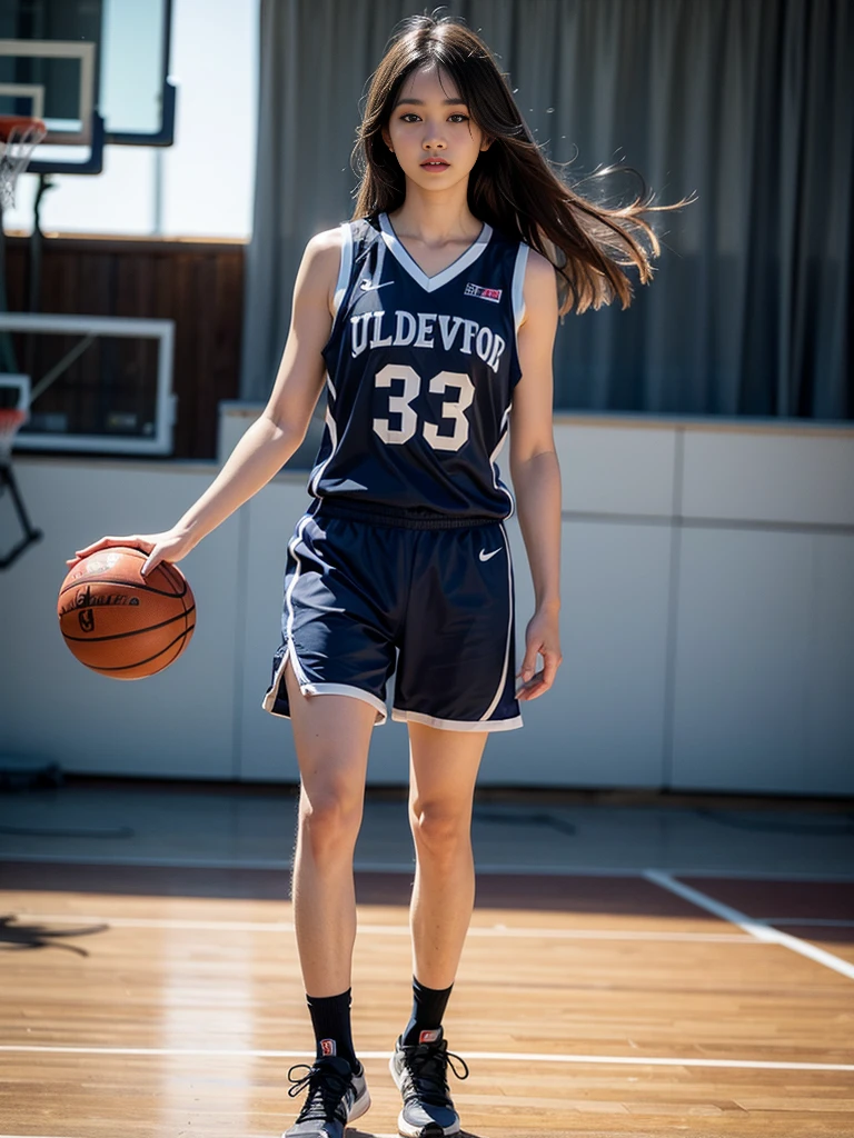 (8k, best quality, masterpiece:1.2), (realistic, photo-realistic:1.37), ultra-detailed,best quality, ultra high res, professional lighting, photon mapping, radiosity, physically-based rendering, cinematic lighting, basketball court,depth of field, sharp focus,sunbeam, good composition,(bokeh:1.2) 1girl,solo,(full body), (closed mouth),beautiful detailed eyes, pose, narrow waist,basketball uniform, black hair,messy hair,long hair floating in wind,(ulzzang-6500:1.2)
 mix4, hiqcgbody