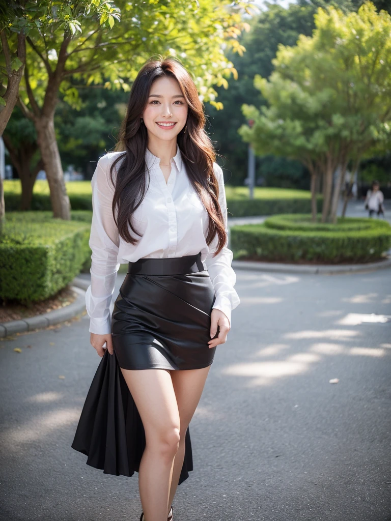最high quality, 8K, Masseter area, Energetic, Clear focus, high quality, high resolution, Delicate face, Fine particles, thick lips, (Looking at the audience), Solitary, Beautiful woman, 38 years old, Plum, Black long hair,  (Professional hip wrapped skirt:1.5), afternoon、In front of the park garden,（Standing in the park：1.5）、((Smile:1.5))、((Wearing black high heels))，Tall
