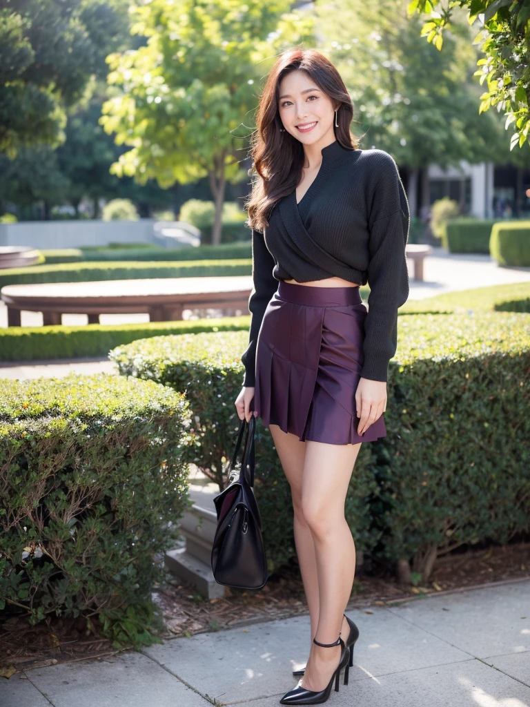 最high quality, 8K, Masseter area, Energetic, Clear focus, high quality, high resolution, Delicate face, Fine particles, thick lips, (Looking at the audience), Solitary, Beautiful woman, 38 years old, Plum, Black long hair, (Professional hip wrapped skirt:1.5), afternoon、In front of the park garden,(Standing in the park:1.5)、((Smile:1.5))、((Wearing black high heels)),Tall
