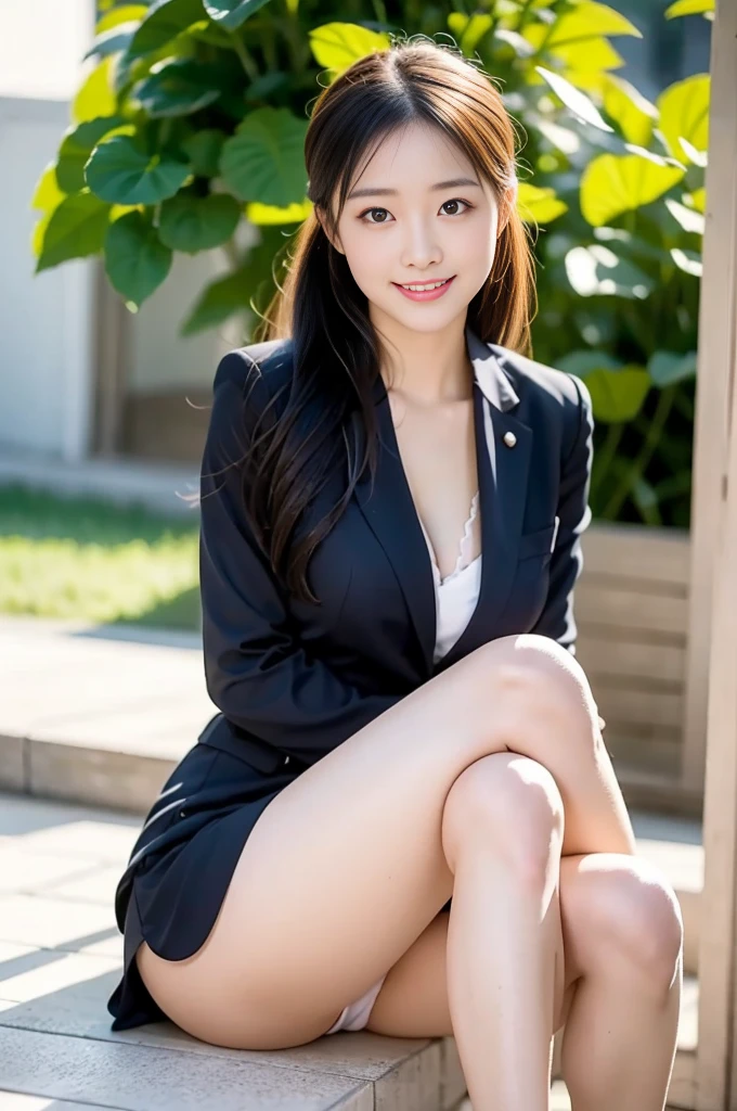 Pure Japanese office girl, sweet temptation, outstanding body, beautiful legs, wearing business suits, panty, natural hairstyles, sweet smile, sitting, refreshing in early summer, composition from the front, 