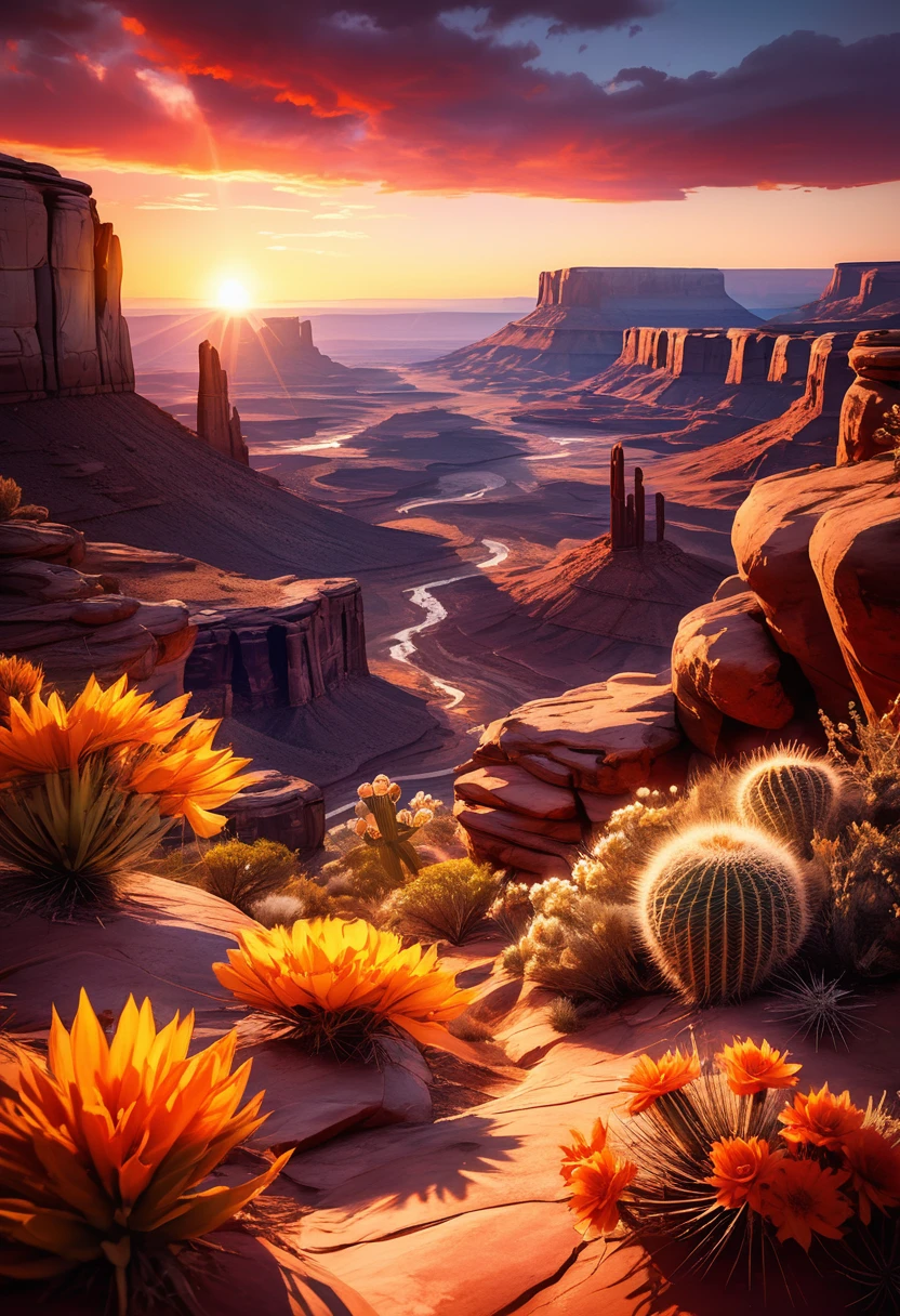 A Canyonlands national park sunset; Moab, ravens, cacti in bloom, dramatic sky and sunset, cinematic quality, high detailed landscape. intricate details, HDR, beautifully shot, hyperrealistic, sharp focus, megapixels, perfect composition, high contrast, cinematic, atmospheric, moody. detailed matte painting, deep color, fantastical, intricate detail, splash screen, complementary colors, fantasy concept art, 8k resolution trending on Artstation Unreal Engine 5