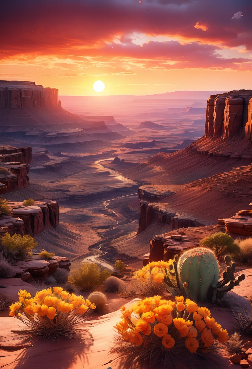 A Canyonlands national park sunset; Moab, ravens, cacti in bloom, dramatic sky and sunset, cinematic quality, high detailed landscape. intricate details, HDR, beautifully shot, hyperrealistic, sharp focus, megapixels, perfect composition, high contrast, cinematic, atmospheric, moody. detailed matte painting, deep color, fantastical, intricate detail, splash screen, complementary colors, fantasy concept art, 8k resolution trending on Artstation Unreal Engine 5