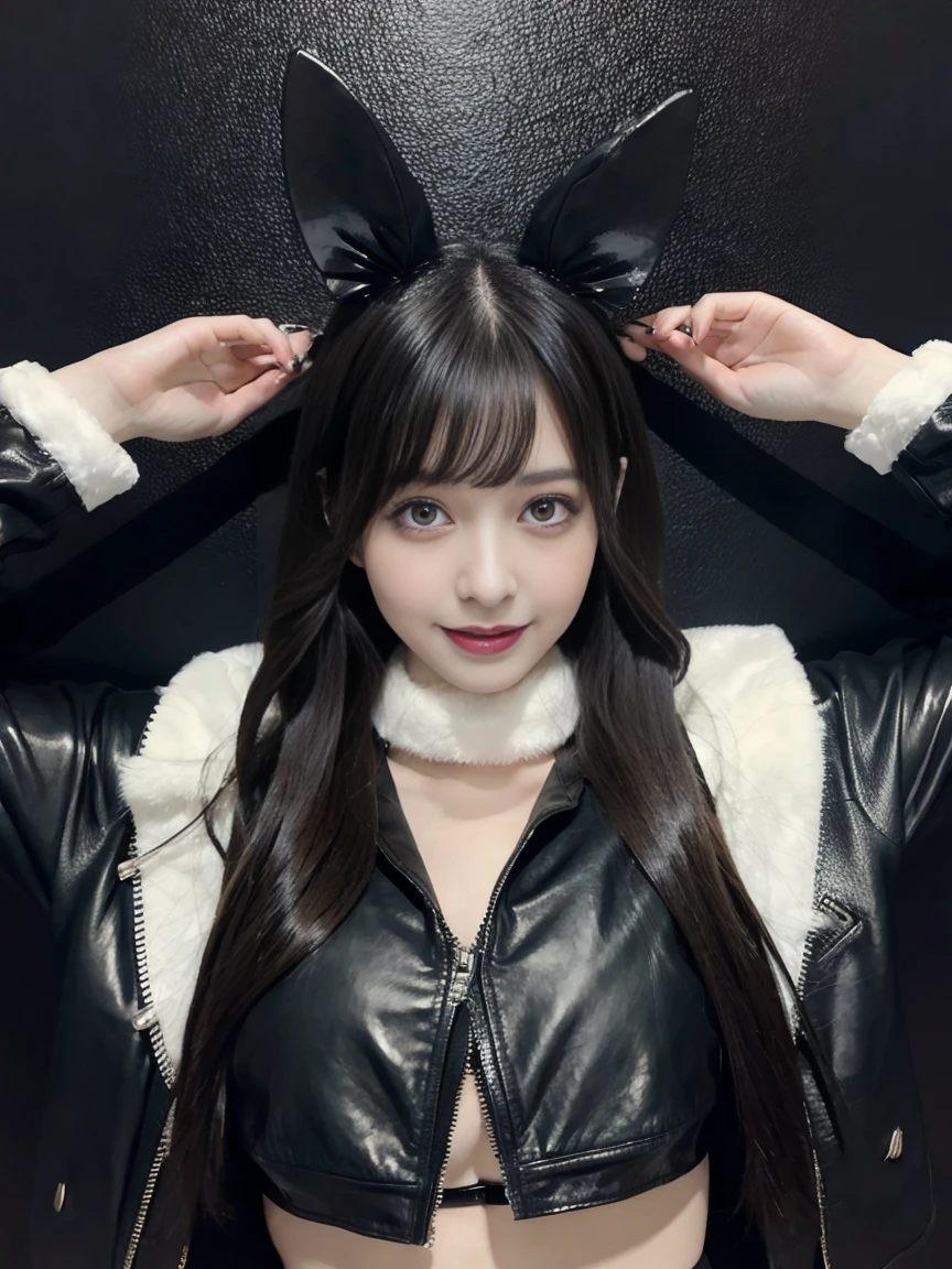 Create a portrait of a beautiful woman with medium black hair, wearing black bunny ears and a black leather outfit. She is raising both arms up in great joy.
