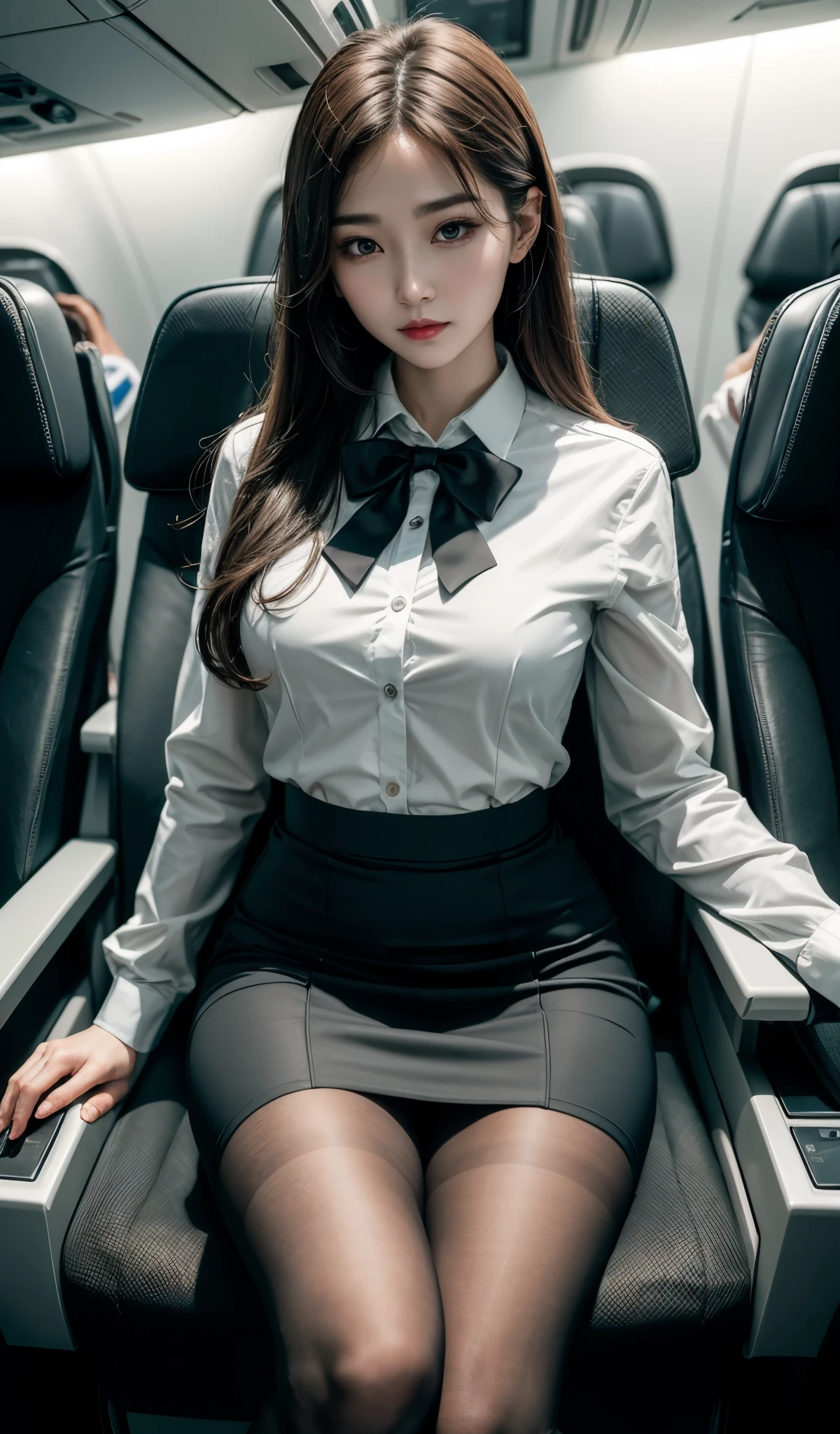 8K, masterpiece, raw photo, best quality, realistic, 매우 상세한 CG가 8K를 통합합니다., 8K, Diamond, and wallpaper, depth of field, cinematic light, lens flare, ray tracing, (very beautiful face, beautiful lips, beautiful eyes), A face with intricate details, ((highly detailed skin)) 1 girl, in the dark, deep shadow, pretty korean girl, kpop idol, Photo of a sexy woman sitting in an airplane seat,wearing white flight attendant uniform,Skirt that hugs the buttocks,(아주 날씬하고 slim 근육질의 몸매:1.3), (flesh colored pantyhose:1.3),Light and tight flight attendant uniform,medium chest,wide hips,dried up,red lip,black eyes,(scary:0.9),cross legs,(Textured fabrics:0.9),looking at viewer, (pale skin), (big eyes),(smile:0.8),seduce the camera,(metal fabric:0.5),very complicated,(In reality,original language:1.5), Side slit, (hazy:0.9), detail of face, poor quality photos, high contrast, inside the airplane, slim, bow-shaped, (rebellion:0.4)