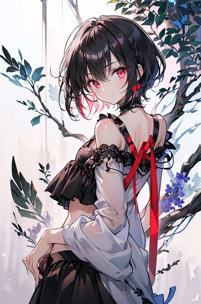 (masterpiece, highest quality, highest quality, (No text), Beautiful and aesthetic:1.2),No text,アニメ、BREAK,One Girl，Black Hair Girl　short hair　older sister　choker　Tree Eyes　Beautiful eyes　Red eyes　cool　smile　Red and Black　Black clothing　mini skirt　whole body　In town