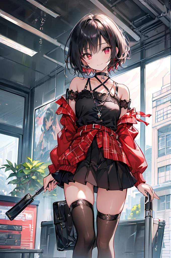 (masterpiece, highest quality, highest quality, (No text), Beautiful and aesthetic:1.2),No text,アニメ、BREAK,One Girl,Black Hair Girl short hair older sister choker Tree Eyes Beautiful eyes Red eyes cool smile Red and Black Black clothing mini skirt whole body In town