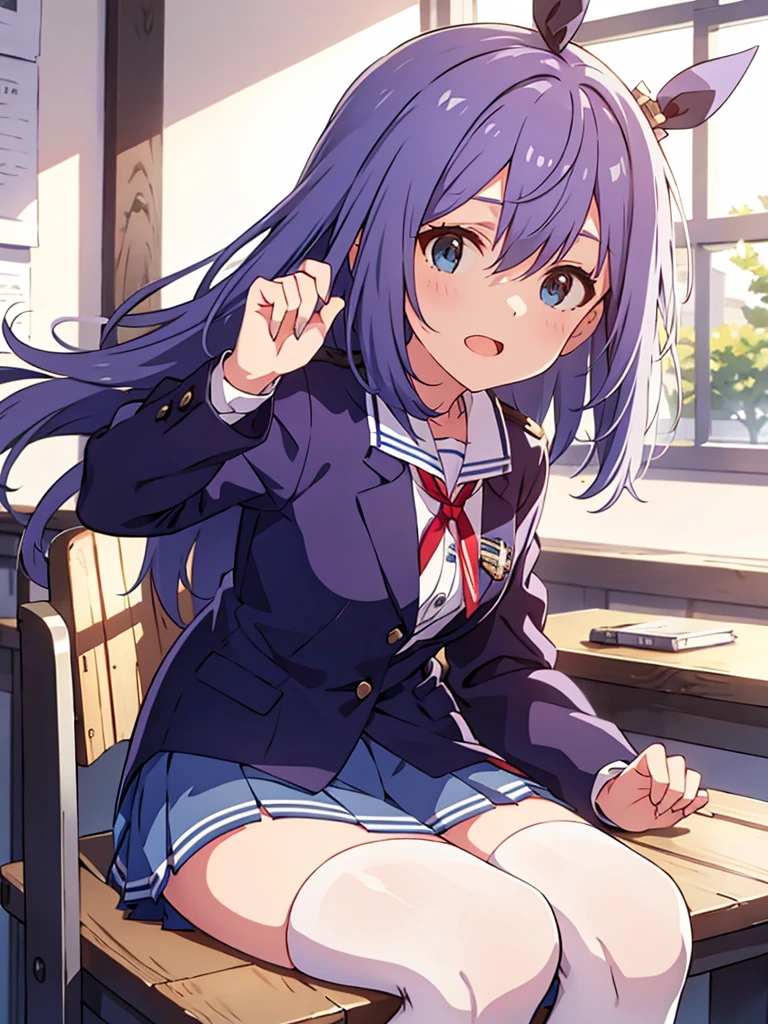 1 white-haired girl with ribbon decorations on her head, blue eyes in school mini skirt navy Women with white stockings at home