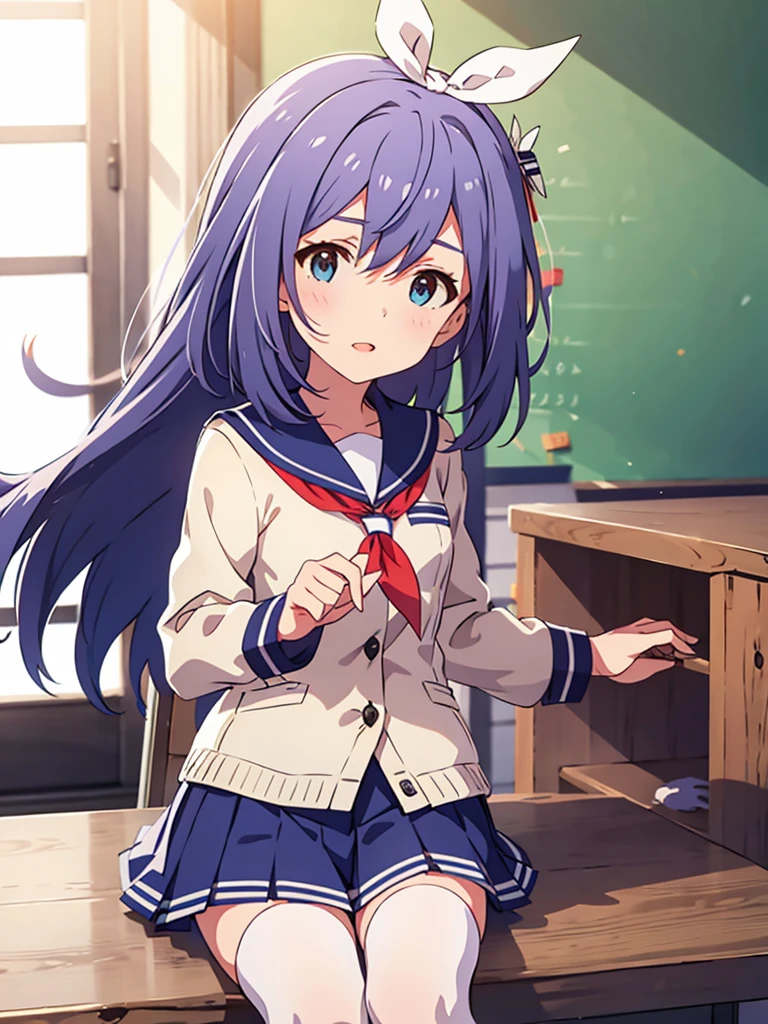 Anna Mochizuki (Million Live), Shiny Trinity \ (Costume), (Best Quality, 8K, Masterpiece, Super Detail: 1.2), Sea, Sun, Mottled Sunlight, Blue Sky, Beautiful Clouds, 1 Girl, Solo, Skirt, Straight Face, Open Mouth, V, Watch Viewer, White Sailor Color, Blue Shirt, Sailor Color, Blue Skirt, Pleated Skirt, Short Sleeve, :d, Shirt, School Uniform, Blush, Serafuk, Clavicle, bow, ribbon, blue bow. (((Outside))). (((fighting stance))).,(((Lying down))).dynamic focus.small breasts.. (((Face of sadness))). Open mouth.Close your eyes.Spread your arms.Ground.Lie on your back.