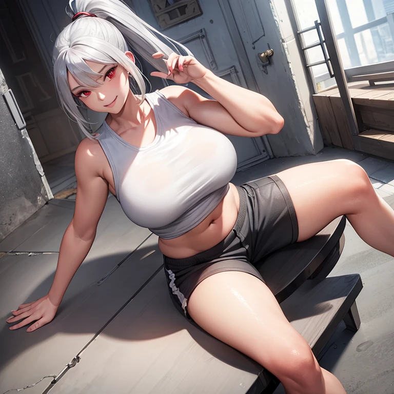 Beautiful woman, smiling, silver hair, ponytail, red eyes, bang hiding one eye, large breasts, grey shirt, sleeveless shirt, exposed belly, black pant, grey shoes, sitting