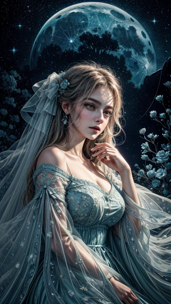 cara detallada, well-defined beautiful girl close-up, full body, slight smile, filigree, ultra highly detailed, mannerism, surrealism digital painting, by Marc Todd, Nicoletta Ceccoli, Ray Caesar, WLOP, close up half water transparent luminous nymph half blue rose, swirling blue rose vines, trees big blue closed rose flowers, moon, moonlight, detailed night sky with stars and clouds, lavish green leaves, garden, blossoming, stars, sparks, Van Gogh starry sky, celestial glowing, glowing aura, mystical, water drops, highly detailed, intricated, intricated pose, complex background, oil painting, thick strokes, mannerism, vibrant colors, masterpiece, high quality, 32k, best quality, vestido transparente sexi, senos pequeños, panti transparente, ojos dorados, pose sensual, pesones rosados, mostrando vagina, dama semi desnuda, full
body