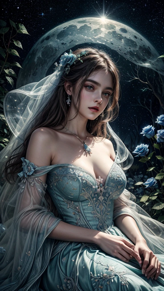  cara detallada, well-defined beautiful girl close-up, full body, slight smile, filigree, ultra highly detailed, mannerism, surrealism digital painting, by Marc Todd, Nicoletta Ceccoli, Ray Caesar, WLOP, close up half water transparent luminous nymph half blue rose, swirling blue rose vines, trees big blue closed rose flowers, moon, moonlight, detailed night sky with stars and clouds, lavish green leaves, garden, blossoming, stars, sparks, Van Gogh starry sky, celestial glowing, glowing aura, mystical, water drops, highly detailed, intricated, intricated pose, complex background, oil painting, thick strokes, mannerism, vibrant colors, masterpiece, high quality, 32k, best quality, vestido transparente sexi, senos pequeños, panti transparente, ojos dorados, pose sensual, pesones rosados, mostrando vagina, dama semi desnuda, full
body