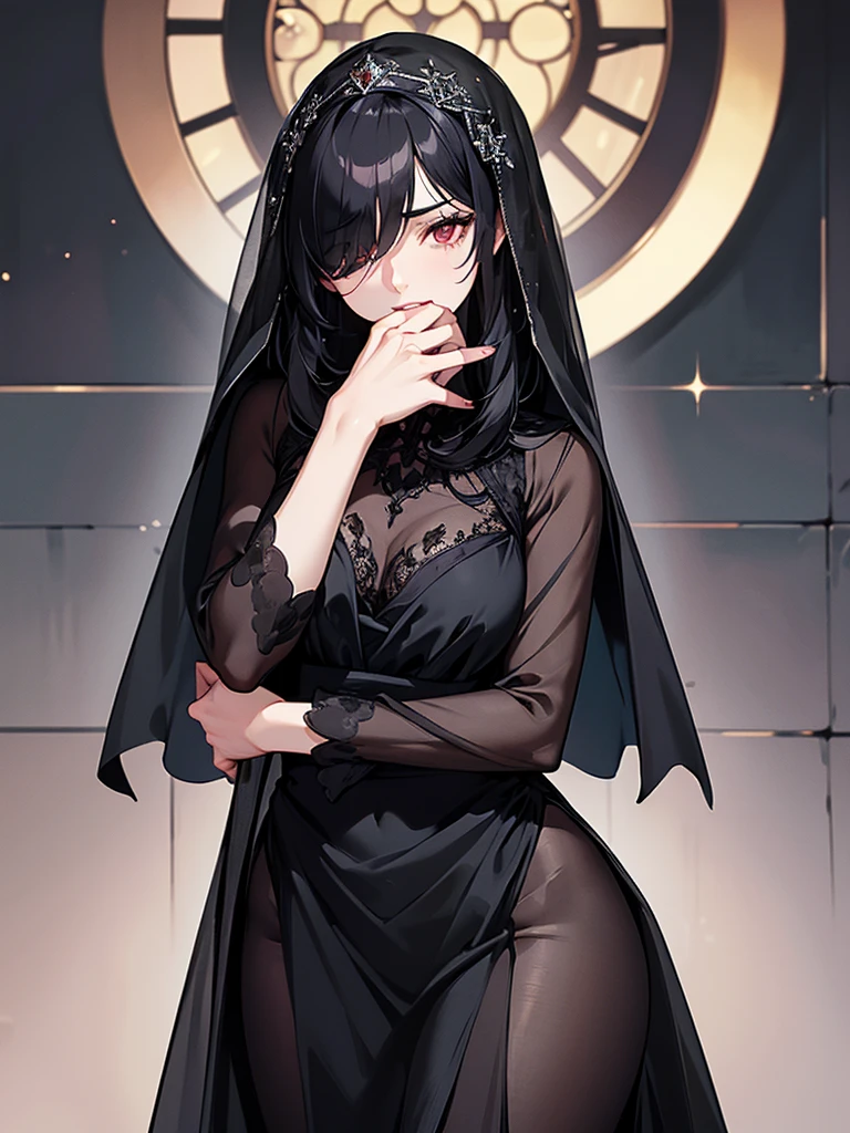 (Super detailed:1.3), ((((best quality)))), ((masterpiece)), female focus, solo,hotify, stunning beauty, powerful glow, detailed face, detailed eyes, detailed lips,castle interior background,(nighttime),moonlight,((black hair)),long hair, black mourning dress,((mourning veil)),red eyes, (pale skin:1.2),melancholic expression,straight bangs,bangs covering forehead,almond-shaped eyes,very cute face,cowboy shot, (hair over one eye),sheer sleeves,2 arms