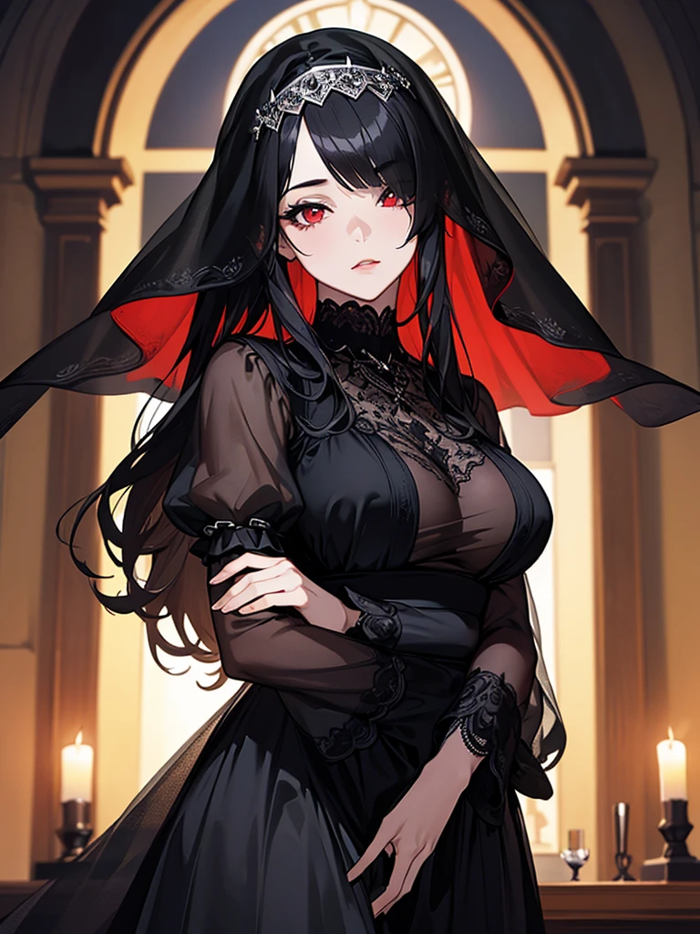 (Super detailed:1.3), ((((best quality)))), ((masterpiece)), female focus, solo,hotify, stunning beauty, powerful glow, detailed face, detailed eyes, detailed lips,castle interior background,(nighttime),moonlight,((black hair)),long hair, black mourning dress,((mourning veil)),red eyes, (pale skin:1.2),melancholic expression,straight bangs,bangs covering forehead,almond-shaped eyes,very cute face,cowboy shot, (hair over one eye),sheer sleeves,2 arms