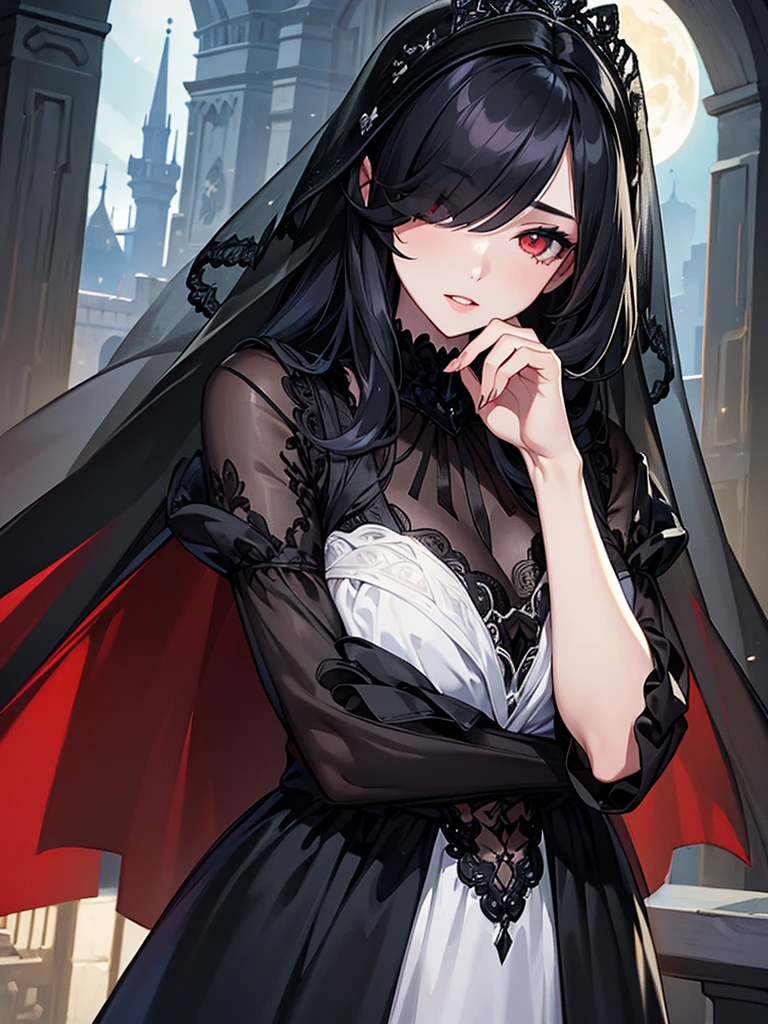 (Super detailed:1.3), ((((best quality)))), ((masterpiece)), female focus, solo,hotify, stunning beauty, powerful glow, detailed face, detailed eyes, detailed lips,castle interior background,(nighttime),moonlight,((black hair)),long hair, black mourning dress,((mourning veil)),red eyes, (pale skin:1.2),melancholic expression,straight bangs,bangs covering forehead,almond-shaped eyes,very cute face,cowboy shot, (hair over one eye),sheer sleeves,2 arms