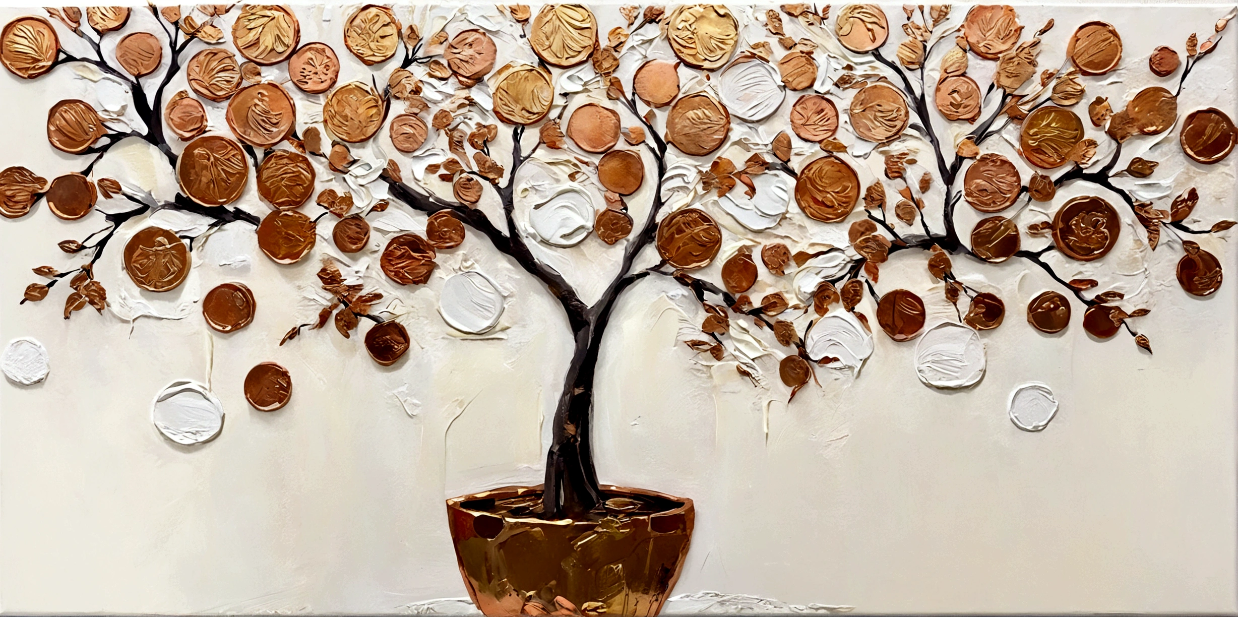Gilded，Copper Coins，小小的Copper Coins，money tree，vanilla，bright，White background，vanilla，cream，Abstract Art，emotion，emotion，Thick textured paint, 