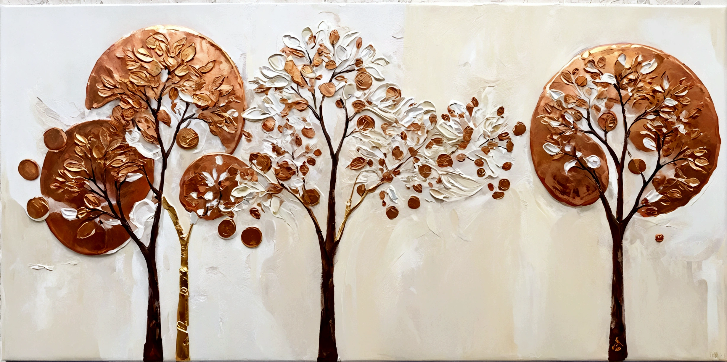 Gilded，Copper Coins，小小的Copper Coins，money tree，vanilla，bright，White background，vanilla，cream，Abstract Art，emotion，emotion，Thick textured paint, 