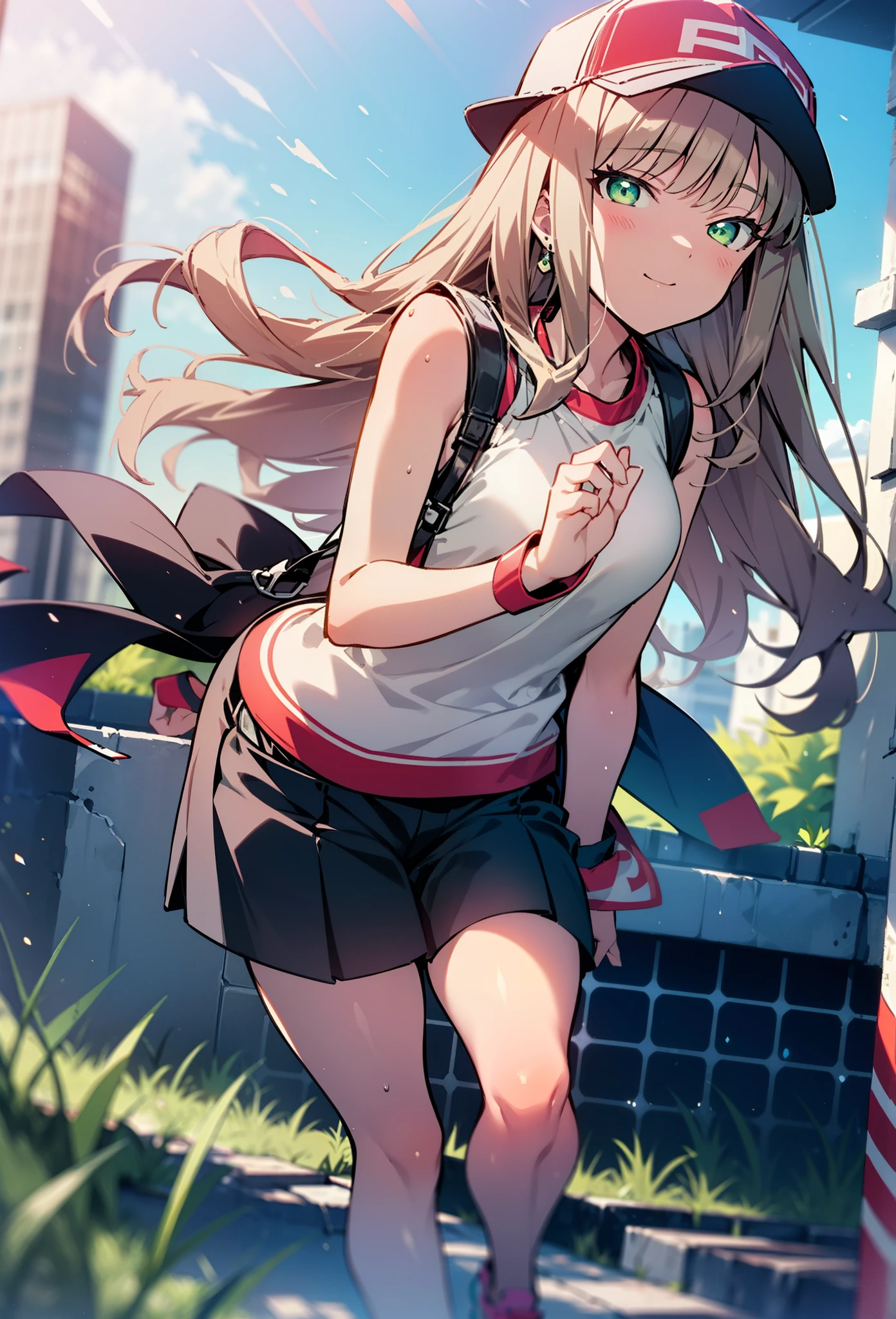 minami yume ,sss Dynazenon ,Long Hair, Brown Hair, (Green Eyes:1.5) ,blush,smile,hair band,Sleeveless shirt,Baseball cap,Long skirt,sneakers,Daytime,Clear skies,Walking,whole bodyがイラストに入るように,　　　　　　break　looking at viewer, whole body, 　　　　　　　break outdoors ,Building district,　　　　　　　　　　　　break (masterpiece:1.2), Highest quality, High resolution, unity 8k wallpaper, (shape:0.8), (Beautiful and beautiful eyes:1.6), Highly detailed face, Perfect lighting, Extremely detailed CG, (Perfect hands, Perfect Anatomy),