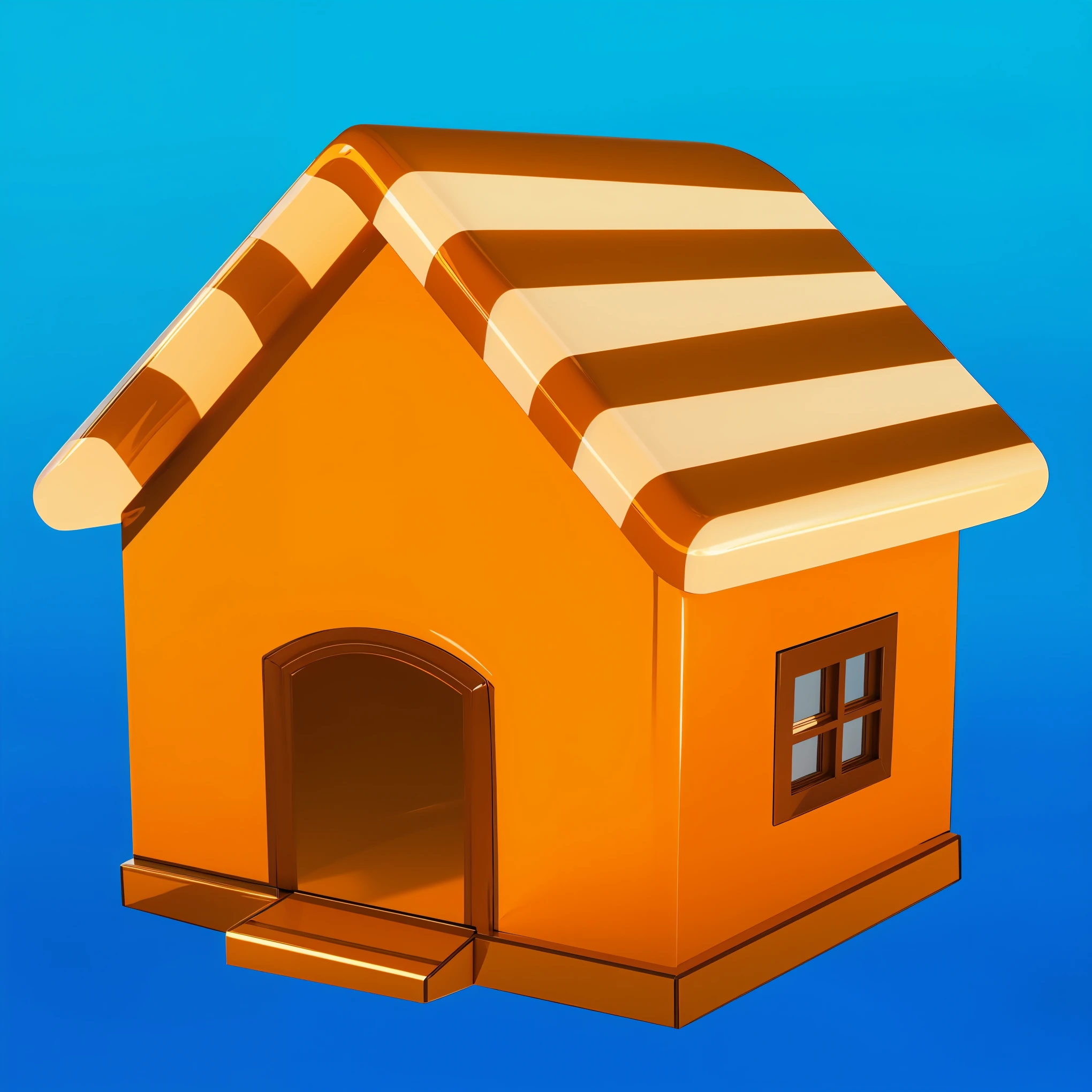 This image features a glossy yellow house with sharp, reflective surfaces that give it a polished and shiny appearance. The house has a modern design with simple, square shapes and distinct angles, adding to its sleek look. The vibrant blue roof contrasts beautifully with the yellow walls, creating an attractive and colorful combination. The windows and door are framed, enhancing the overall aesthetic of the house. The glossy surfaces reflect light, giving the house a dynamic and vibrant look. The house appears minimalist and toy-like, with its straightforward, square design and bright colors making it unique and appealing. мультяшный рендеринг ключевого кадра, милый 3D рендеринг,,Create ultra sharp цветной рендеринг zbrush. perfect cgi, cgi art created only with gradients, smooth silhouette, Create ultra sharp skin, high intensity refraction, (plastic material), most beautiful vfx, blue background, plastic refractions, glossy texture, smooth 3d model, multiple light sources, rim light, sharp post effects render, (glossy plastic texture with multiple big light probe refractions), perfect cgi, cgi art created only with gradients, smooth silhouette, high intensity refraction, (plastic material), most beautiful vfx, blue background
