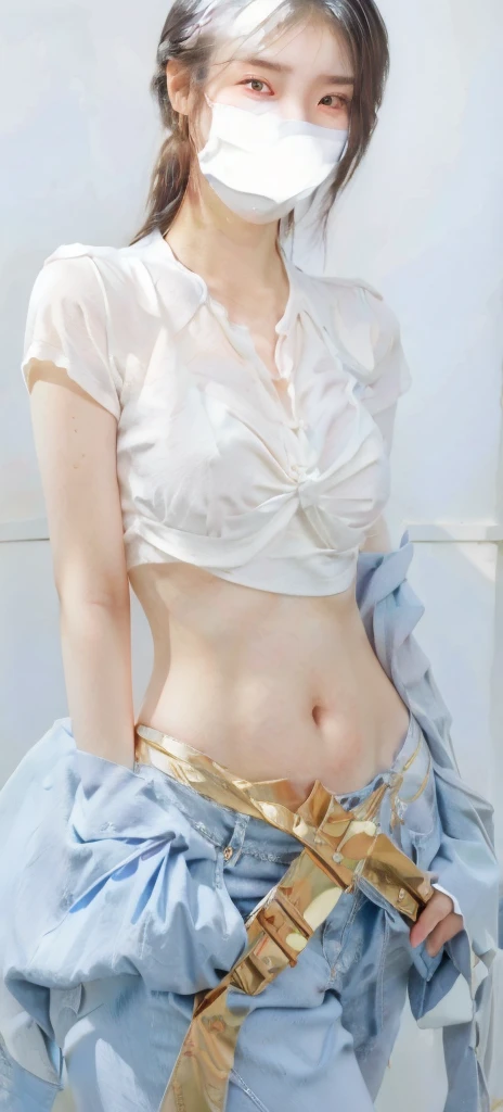 arafed woman in a White上衣 and blue pants with a white mask on, Tight shirt, 光滑White紧身衣套装, wearing Tight shirt, Thin waist, Her belly button is exposed, White上衣, Wear tight, simple clothing, Smooth and transparent fair skin, White, Top of crop, Photos of slim girls model, Beautiful Chinese model, Photos of slim girls