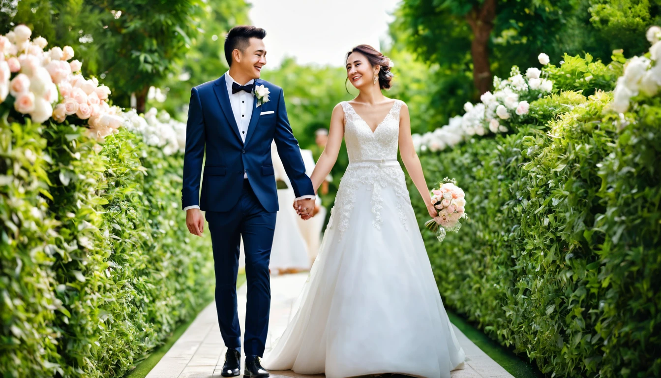 A couple wearing a wedding dress and suit