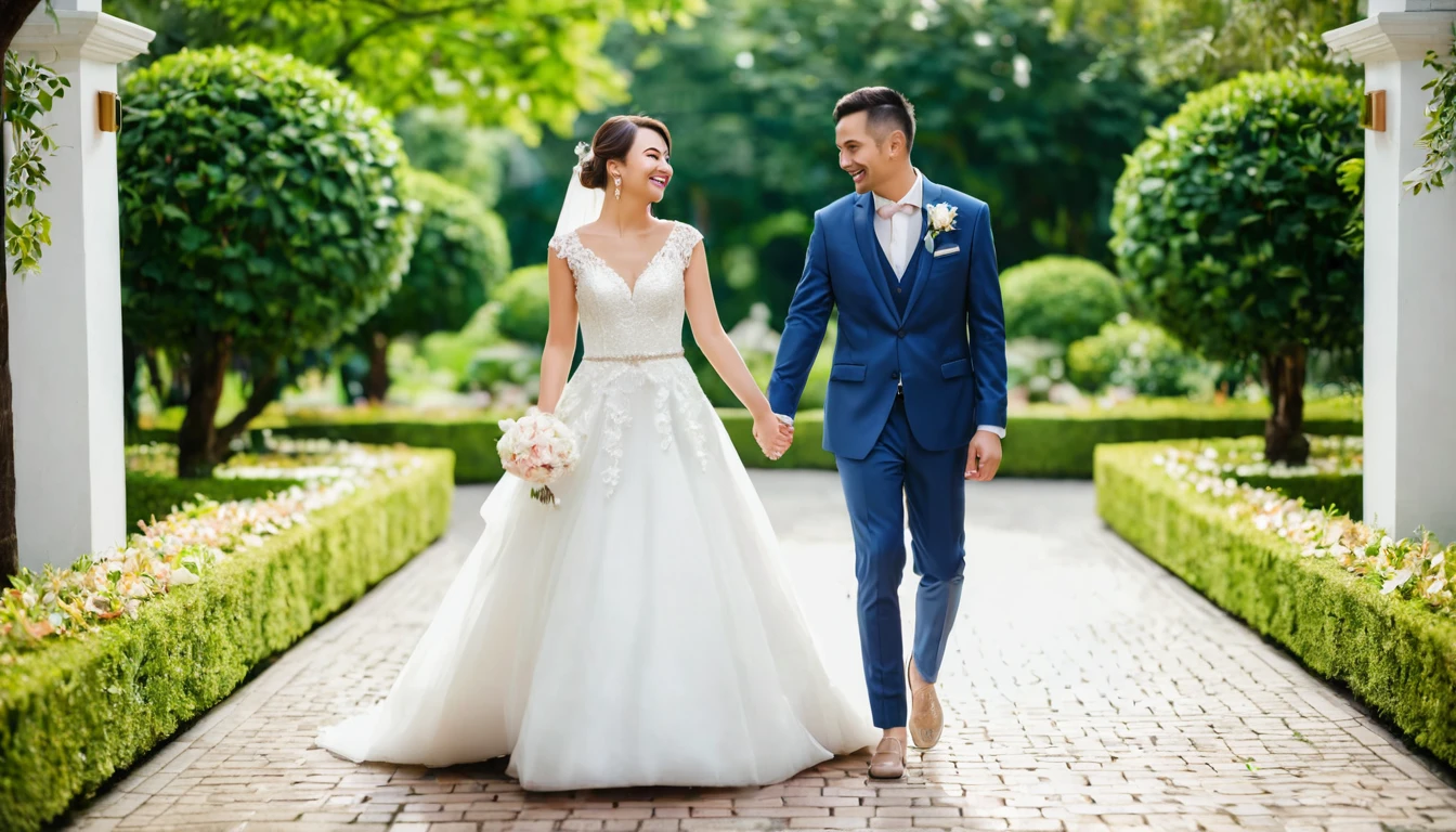 A touching moment captured on the wedding day of a brave policeman and his beautiful bride. The policeman , dressed in his pristine uniform, stands tall with a confident smile. His bride, adorned in an exquisite wedding dress, looks into his eyes with love and joy. The bride holds a bouquet of vibrant flowers, complementing the colorful scene. The venue is a picturesque garden, filled with blooming roses and lush greenery. Soft sunlight filters through the trees, casting a warm glow on the couple. The atmosphere is filled with happiness and anticipation, as friends and family gather to witness their union. A professional photographer captures this precious moment, freezing it in time. The style of the image is a classic wedding photography, shot with a full-frame DSLR camera using a prime lens to capture the details and emotions perfectly.