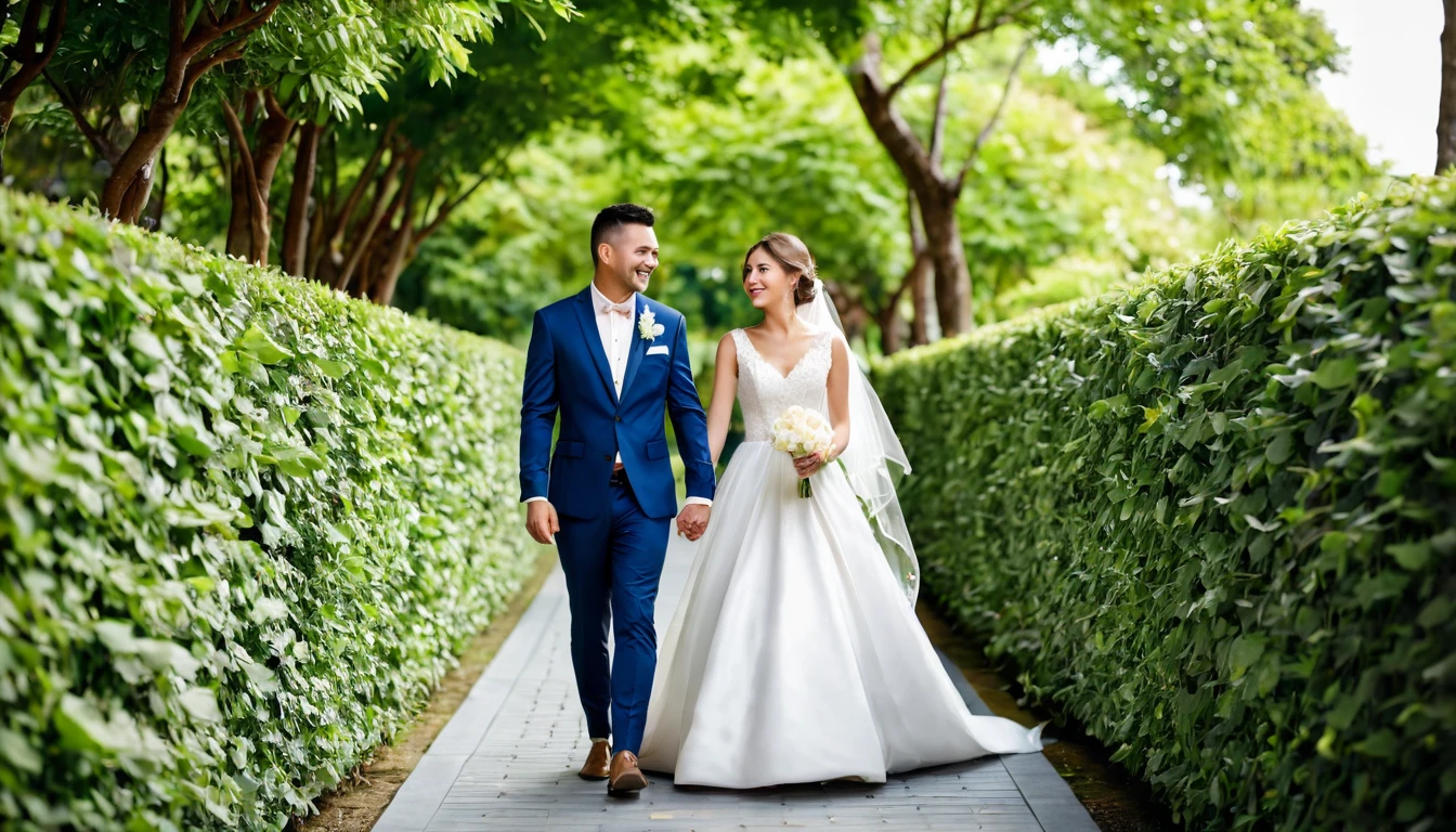 bride and groom walking down a walkway holding hands, lovely couple, wedding photo, happy couple, bride and groom, luxurious wedding, an elegant couple, couple, photo of a beautiful, groom, a still of a happy, smiling couple, bride, wedding, fotografia, stock image, けもの, elegant style, couple portrait, 8k))