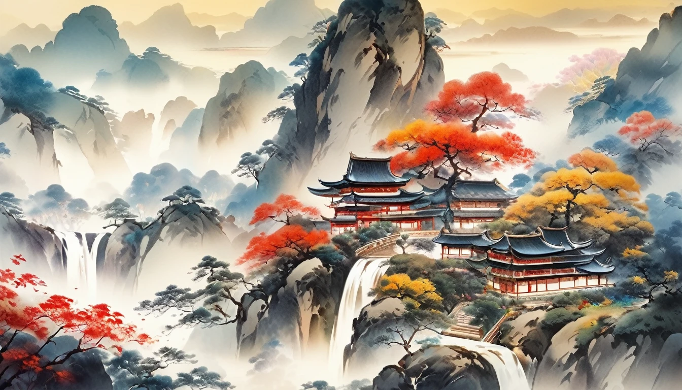 rendering by chinese ink painting, landscape, perfect Mystical artwork, colorful, Gorgeous,Magnificent,Splendid,Dazzling,Opulent,Luxurious,Exquisite,Sumptuous,Grandiose,Regal