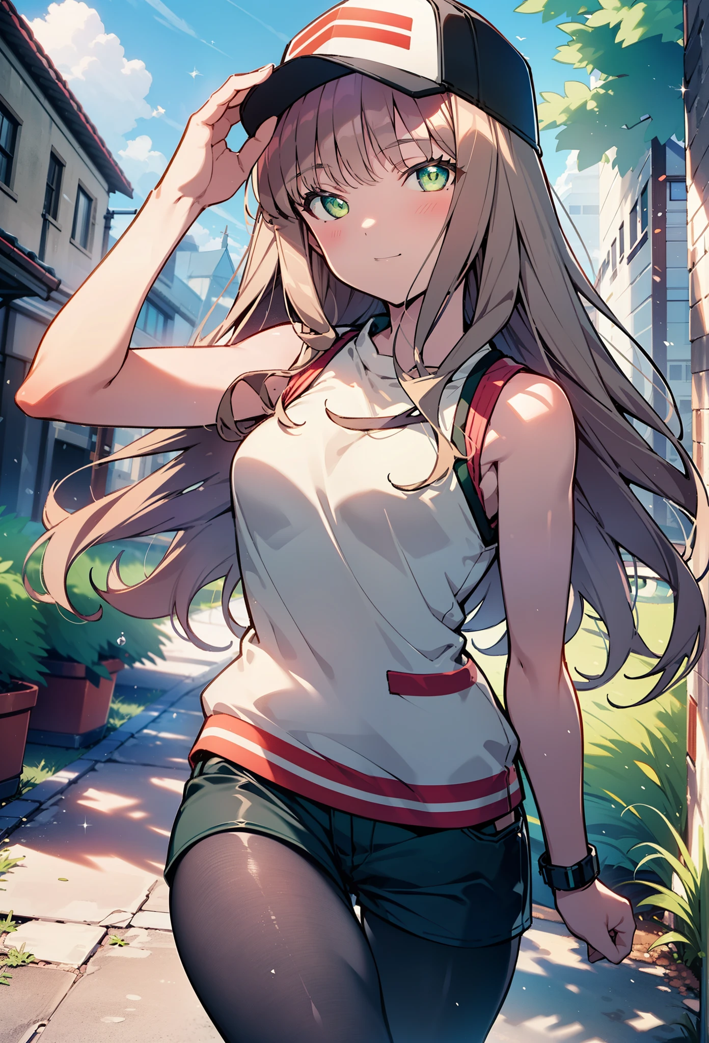 minami yume ,sss Dynazenon ,Long Hair, Brown Hair, (Green Eyes:1.5) ,blush,smile,hair band,Sleeveless shirt,Baseball cap,Long skirt,sneakers,Daytime,Clear skies,Walking,whole bodyがイラストに入るように,　　　　　　break　looking at viewer, whole body, 　　　　　　　break outdoors ,Building district,　　　　　　　　　　　　break (masterpiece:1.2), Highest quality, High resolution, unity 8k wallpaper, (shape:0.8), (Beautiful and beautiful eyes:1.6), Highly detailed face, Perfect lighting, Extremely detailed CG, (Perfect hands, Perfect Anatomy),