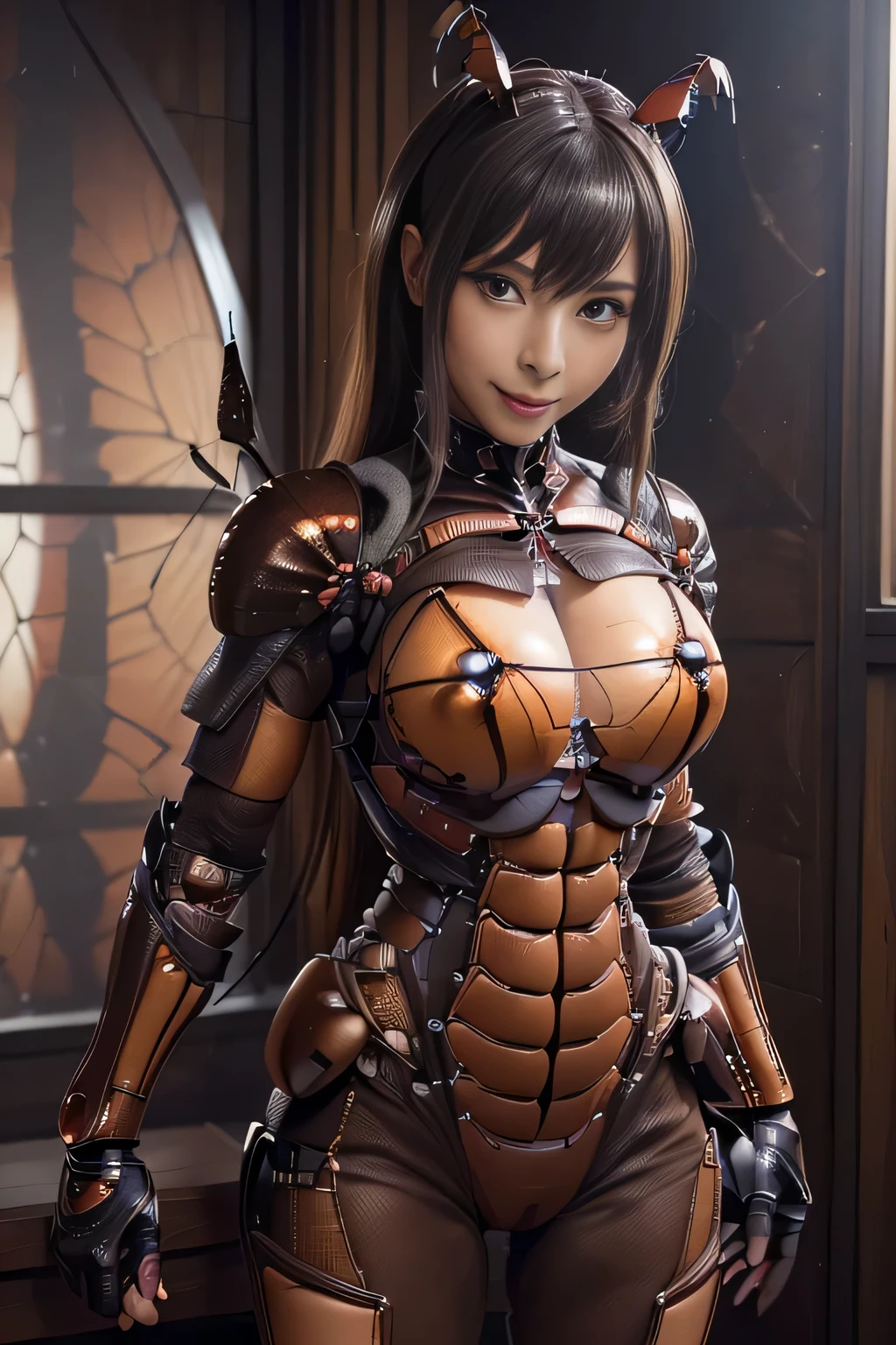 (high resolution,masterpiece,best quality,extremely detailed CG, anime, official art:1.4), realistic, photo, amazing fine details, all intricate, gloss and shiny,awesome many layers, 8k wall paper, 3d, sketch, kawaii, illustration,( solo:1.4), perfect female proportion,villainess, (fusion of dark brown cockroach and lady:1.4), (brown cockroach form lady:1.2), (brown cockroach lady:1.2), (fusion:1.2), (solo:1.4), (evil smile:1.2), muscular, abs, (cockroach brown exoskeleton bio insect suit:1.4), (cockroach brown exoskeleton bio insect armor:1.2), (brown transparency cockroach wing:1.4), (brown cockroach antennae:1.3),