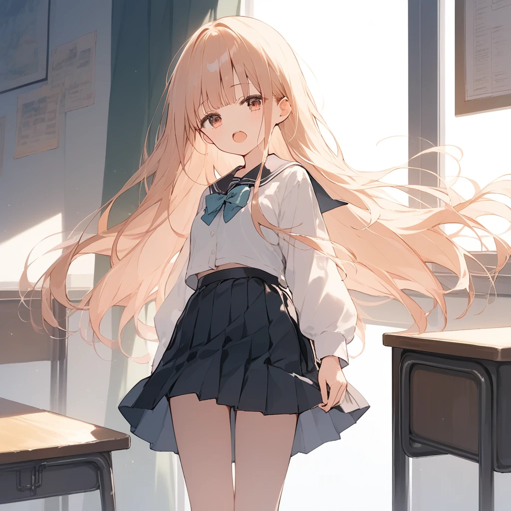 score_9, score_8_up, score_7_up, source_anime, best quality, masterpiece, official art, absurdres, highres, ultra-detailed,waifu2x,Collection: Slice of Life,break,1girl, long hair, straight hair, blunt bangs, small breasts, beautiful detailed eyes, school_uniform, pleated skirt, open mouth, (yawn:0.3), sleepily, buss, indoors, wind, break,(clear line illustration:1.2),very high resolution, very aesthetic, super detailed skin, Best sexual lighting powered by famous artist, 8k,cute picture,beauty illustration,photoshop_(medium),,(Detailed Lighting),best anime 8k konachan wallpaper, pixiv contest winner,