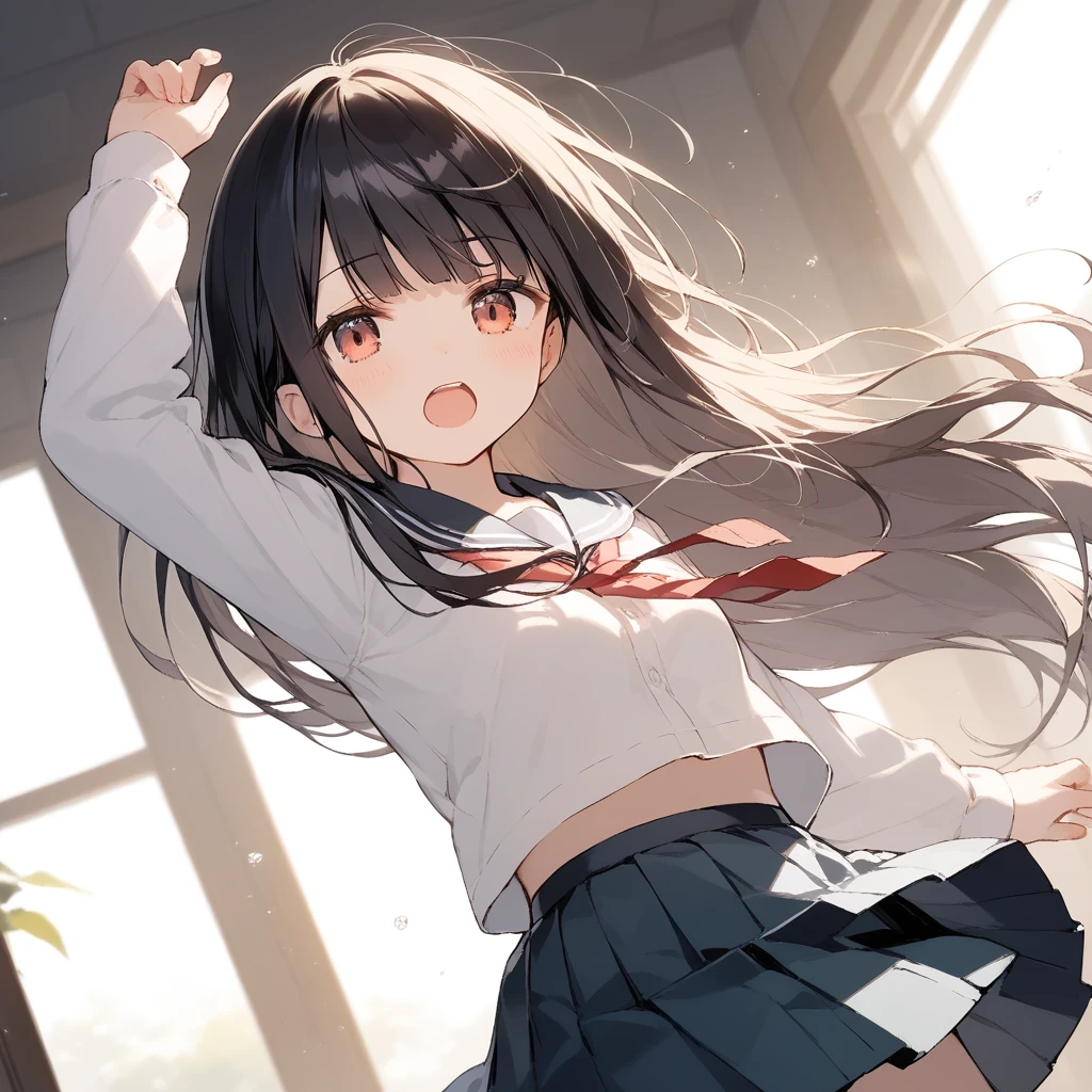 score_9, score_8_up, score_7_up, source_anime, best quality, masterpiece, official art, absurdres, highres, ultra-detailed,waifu2x,Collection: Slice of Life,break,1girl, long hair, straight hair, black hair, blunt bangs, small breasts, slender, beautiful detailed eyes, school_uniform,  open mouth, (yawn:0.3), sleepily,  outdoors, wind, break,(clear line illustration:1.2),very high resolution, very aesthetic, super detailed skin, Best sexual lighting powered by famous artist, 8k,cute picture,beauty illustration,photoshop_(medium),,(Detailed Lighting),best anime 8k konachan wallpaper, pixiv contest winner, 
