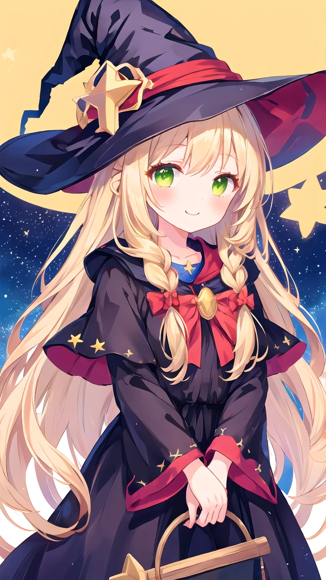 masterpiece, Highest quality, Very detailed, shape, Starry Sky,cute, girl, alone, smile, witch Hat,mysterious,Beige Hair,Yellow-green eyes,Super long hair,Braided bangs,witch'Clothes,Lolita Fashion,Simple Background,星の装飾の着いたwitchのClothes,Wizard,beautiful girl,Star and Moon motifs,紺色のClothes